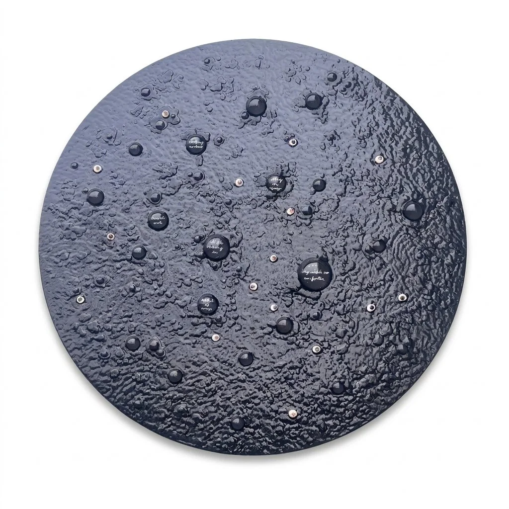 Boiling Point: Universal Themes, 2006. Acrylic, prosthetic eyes, and glass domes with text elements on panel. 48 inches in diameter