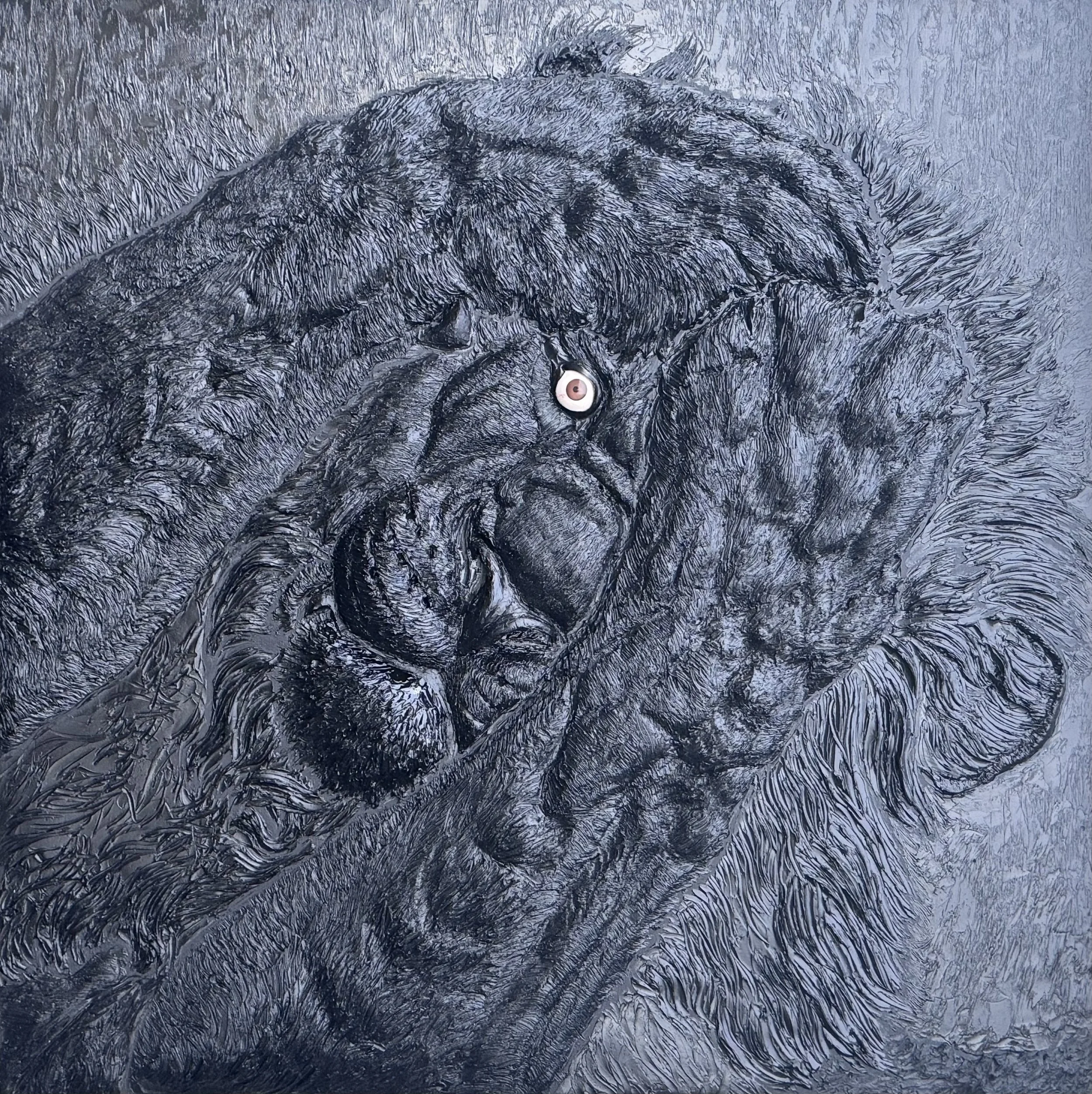 Everything, Everywhere, All at Once, 2026. Oil and prosthetic human eye on panel. 24 x 24 inches