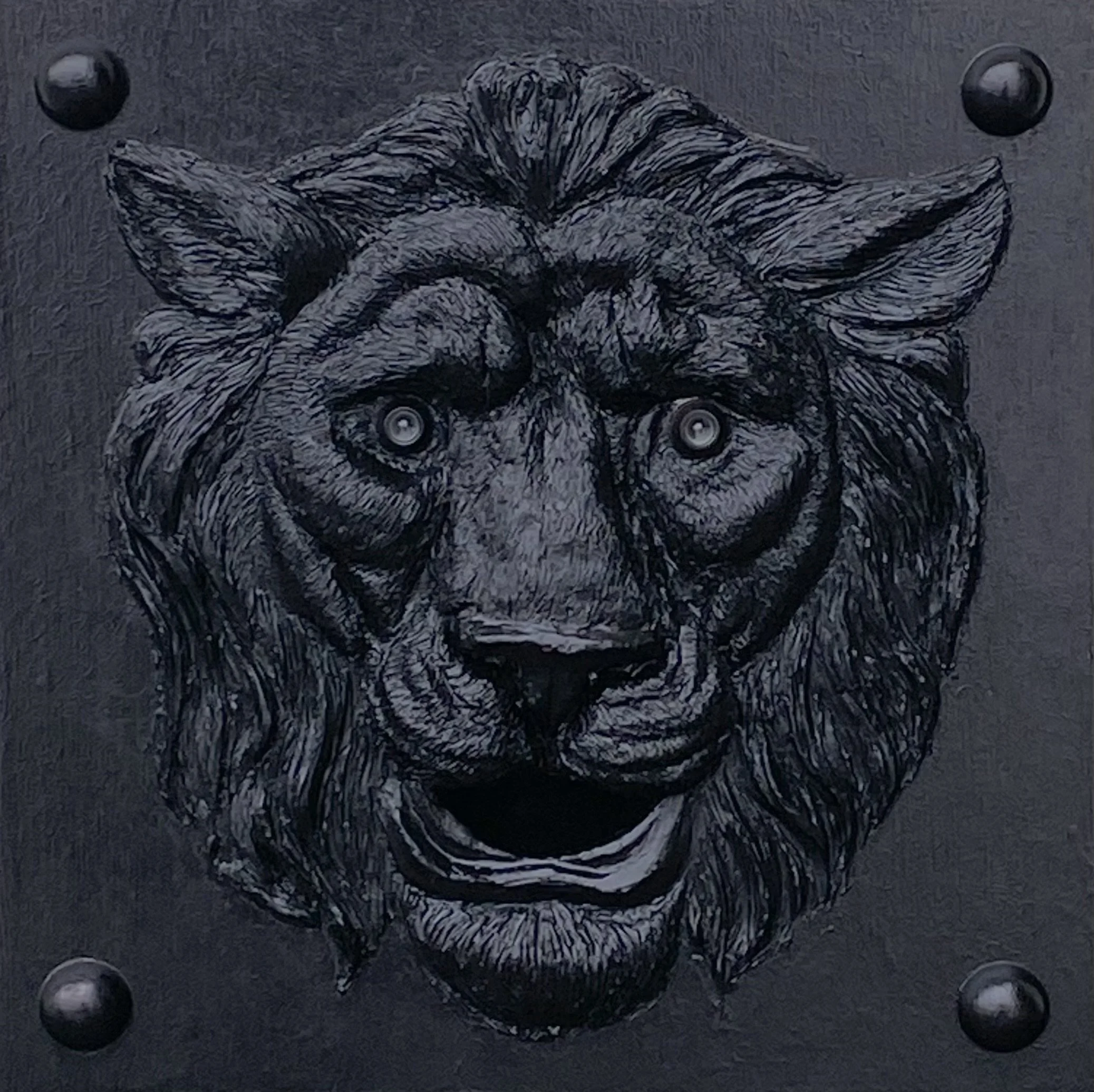 Give Me Justice (Bocca di Leone), 2025. Oil on panel; peepholes, iron handle, denunciation box, and text elements.