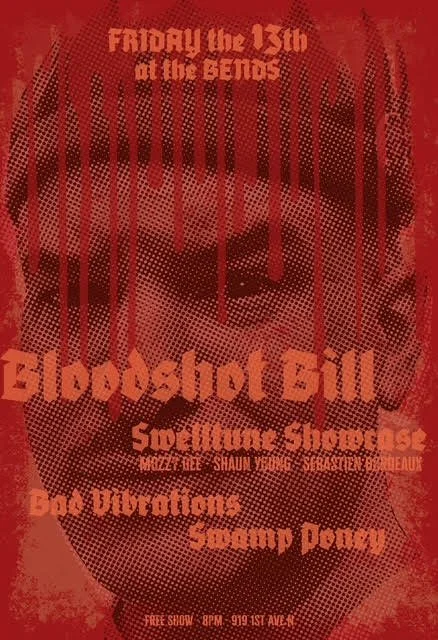 Friday the 13th flyer featuring Bloodshot Bill, Swelltune Showcase, Bad Vibrations, Swamp Poney