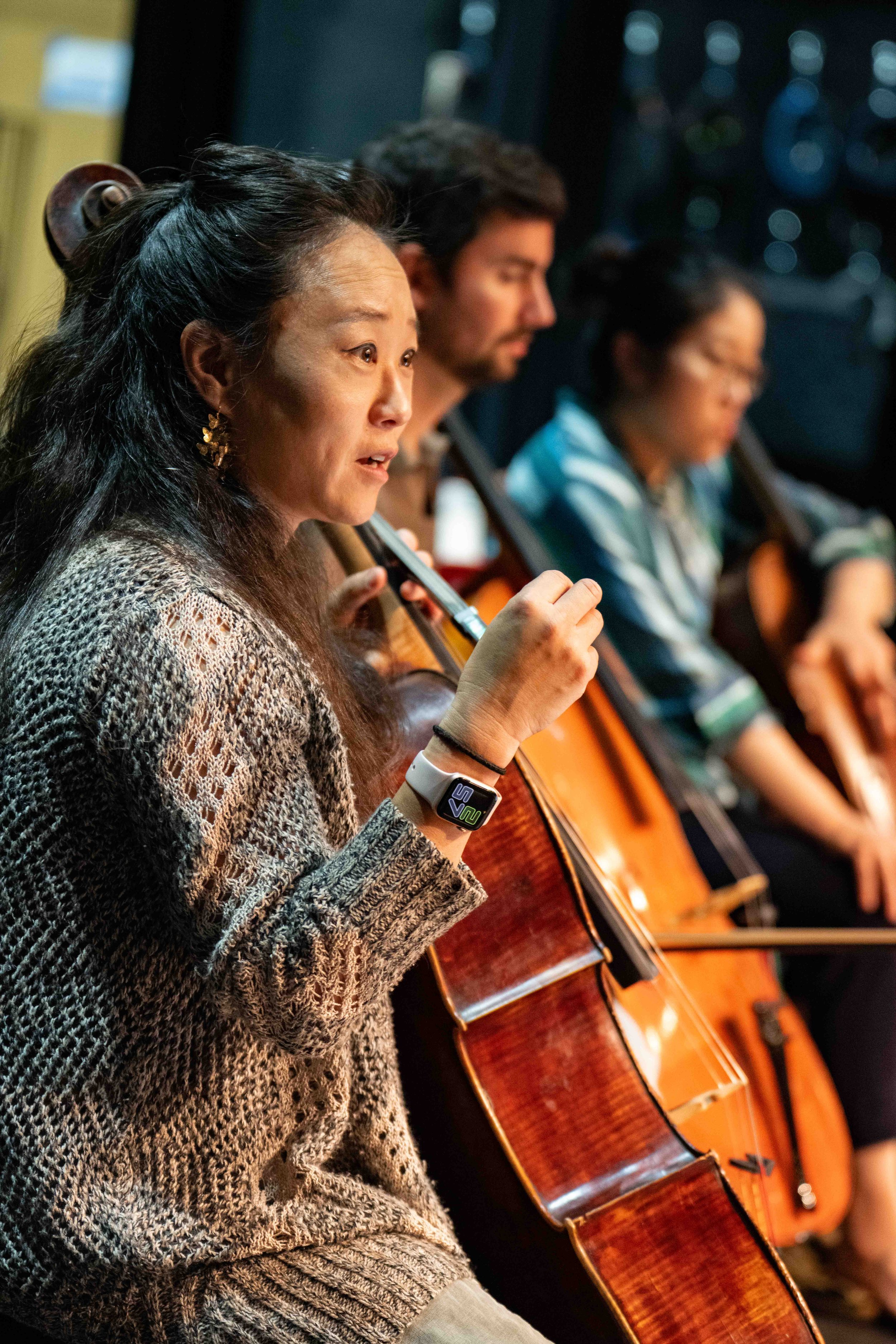  (L-R) Cellists Joo Lee, Javier Iglesias Martin and principal Stella Cho rehearse at Theatre Raymond Kabbaz. "There's always a twist or two," Lee said of interpreting music with Delirium Musicum.  