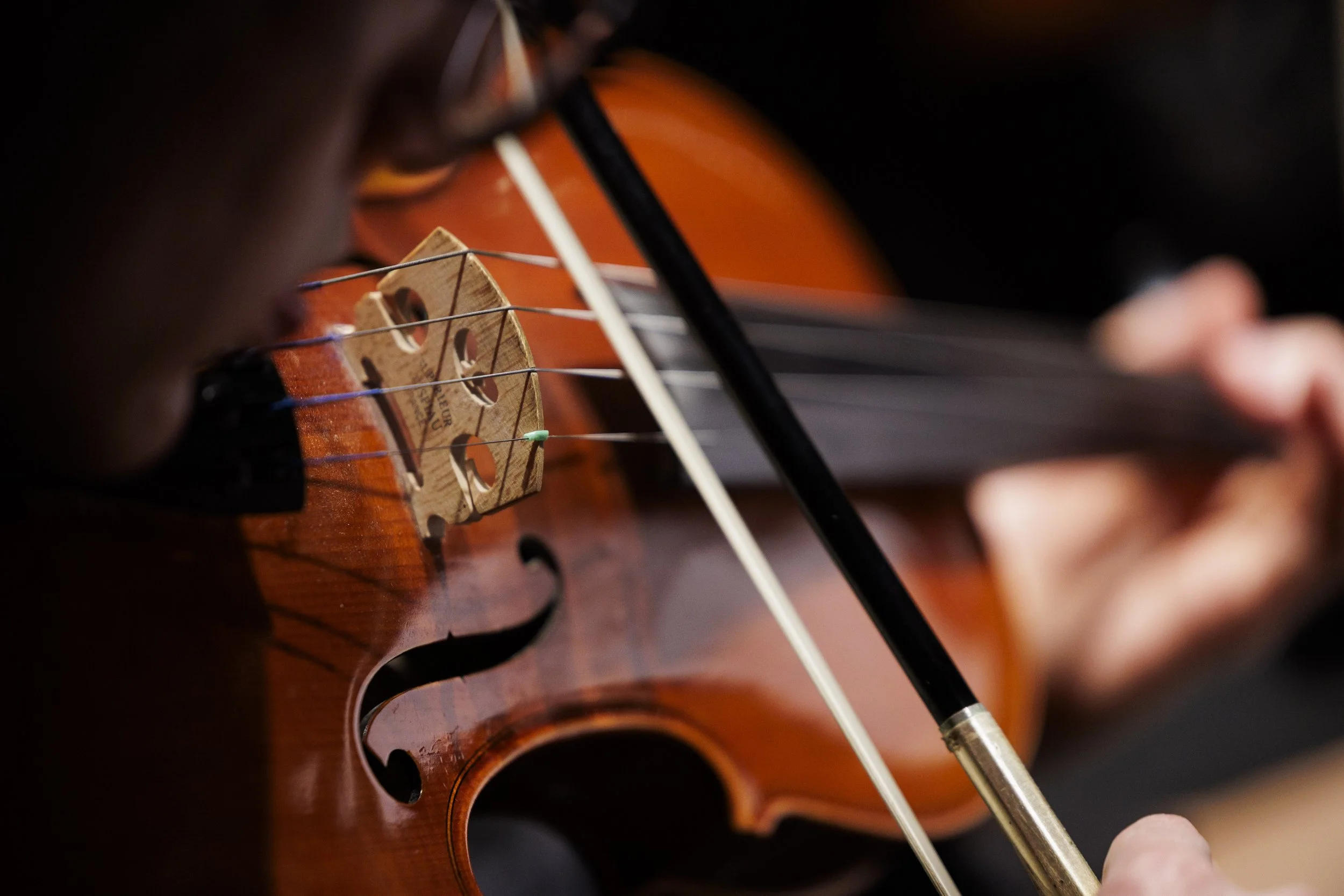 Close-up of a person playing a violin, focusing on the strings and bridge, with the person's face partially visible.
