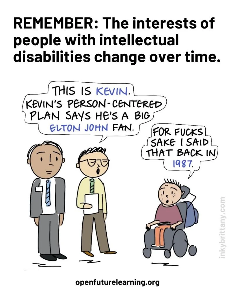 Open Future Learning graphic with text "REMEMBER: The interests of people with intellectual disabilities change over time." Shows three figures including one in a wheelchair.