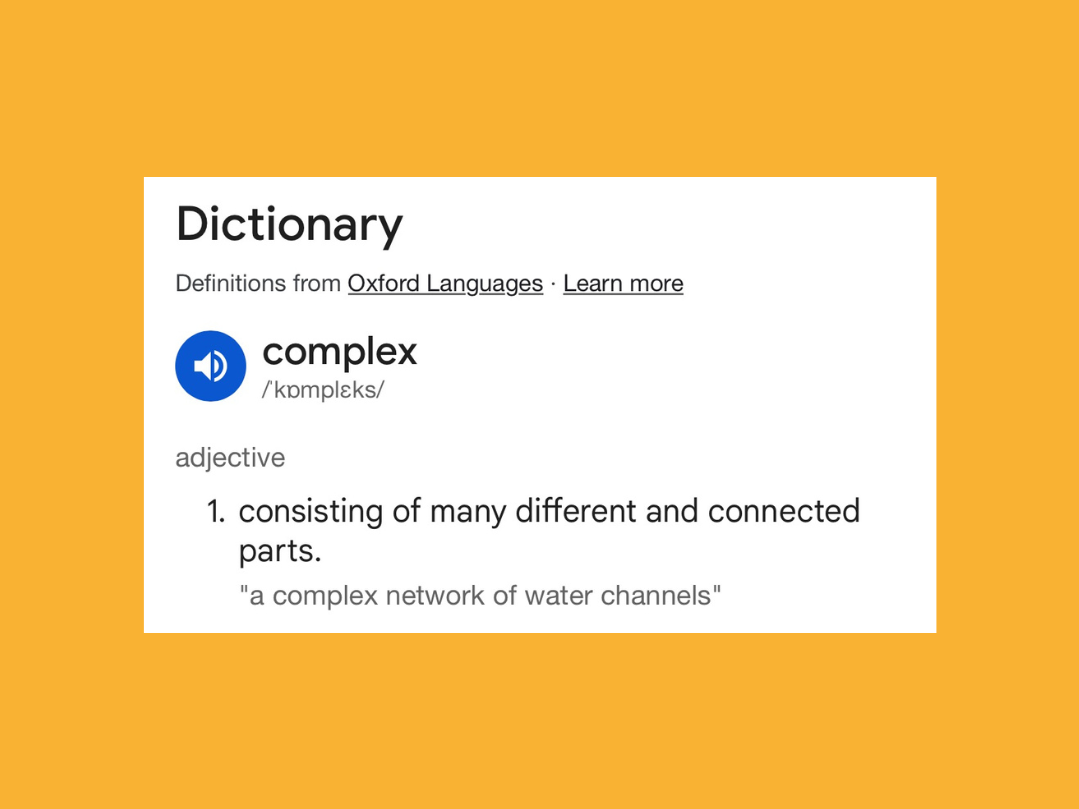 Dictionary definition card for word "complex" on yellow background