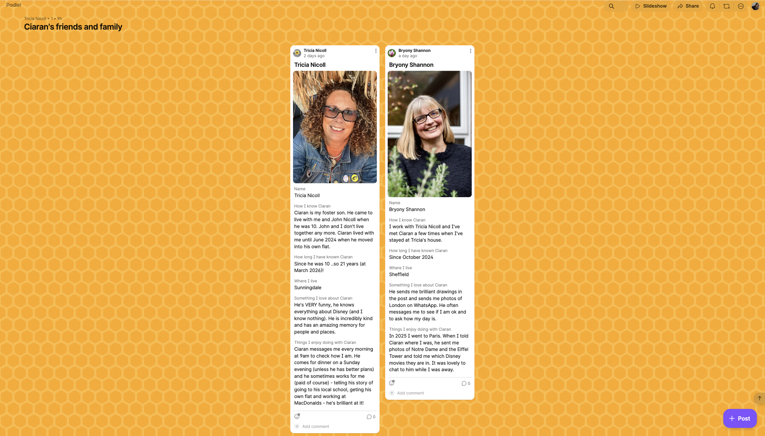 Padlet page "Ciaran's friends and family" showing profile cards for Tricia Nicoll and Bryony Shannon with photos.