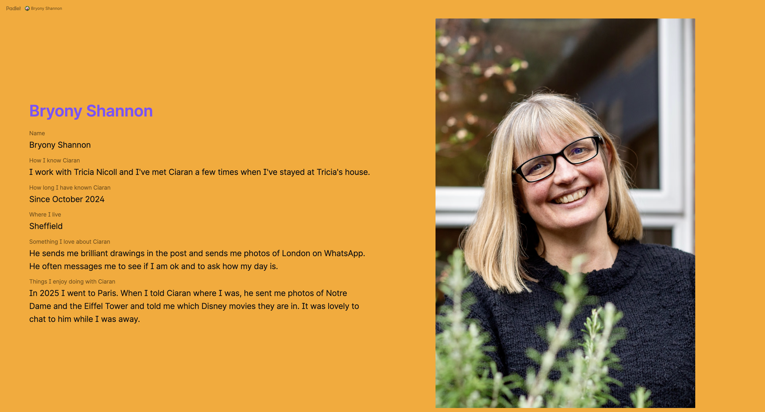 Padlet profile for Bryony Shannon with text and portrait photo outdoors.