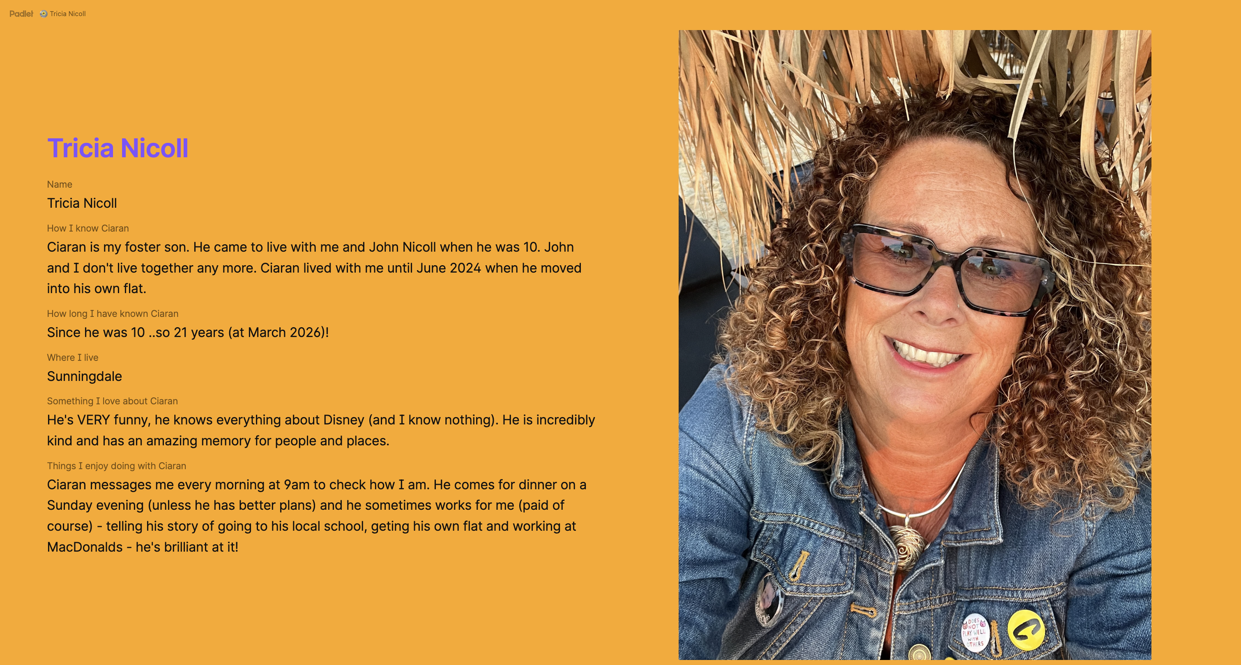 Padlet profile for Tricia Nicoll with text and portrait photo.