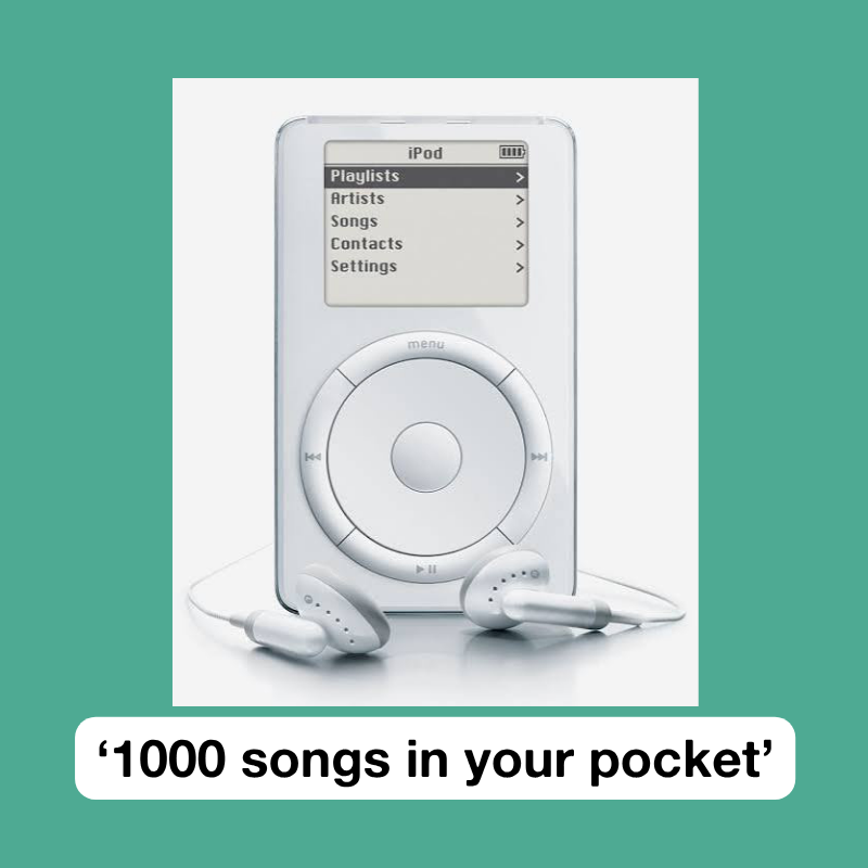 A graphic showing a first-generation iPod with earphones and the text: ‘1000 songs in your pocket.’