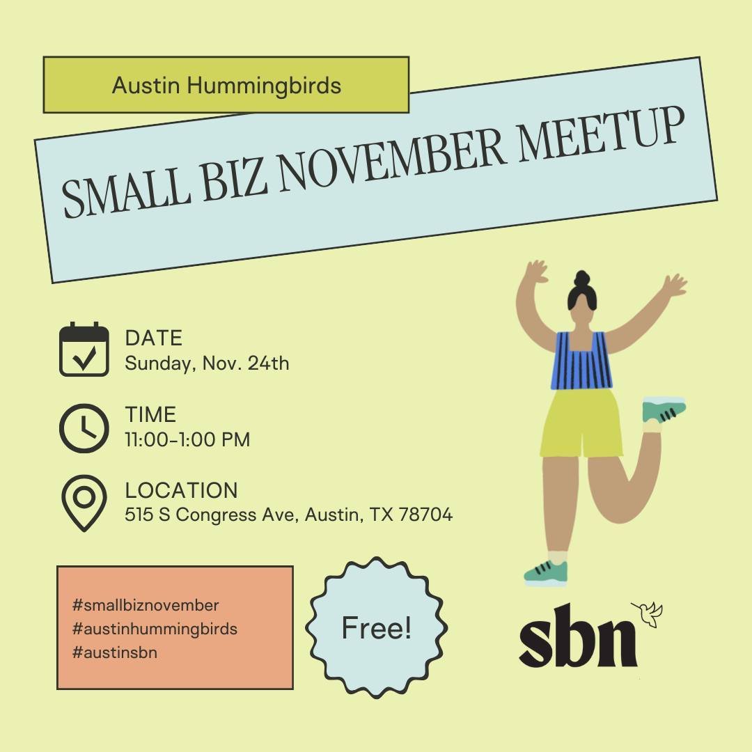 Mark your calendars! 🗓️ 
Sunday, Nov. 24th | 11:00 AM - 1:00 PM
515 S Congress Ave, Austin, TX 78704

Join your fellow Austin Hummingbirds for a Small Biz November Meetup at Bennu Coffee! ☕ It&rsquo;s the perfect opportunity to connect with fellow c