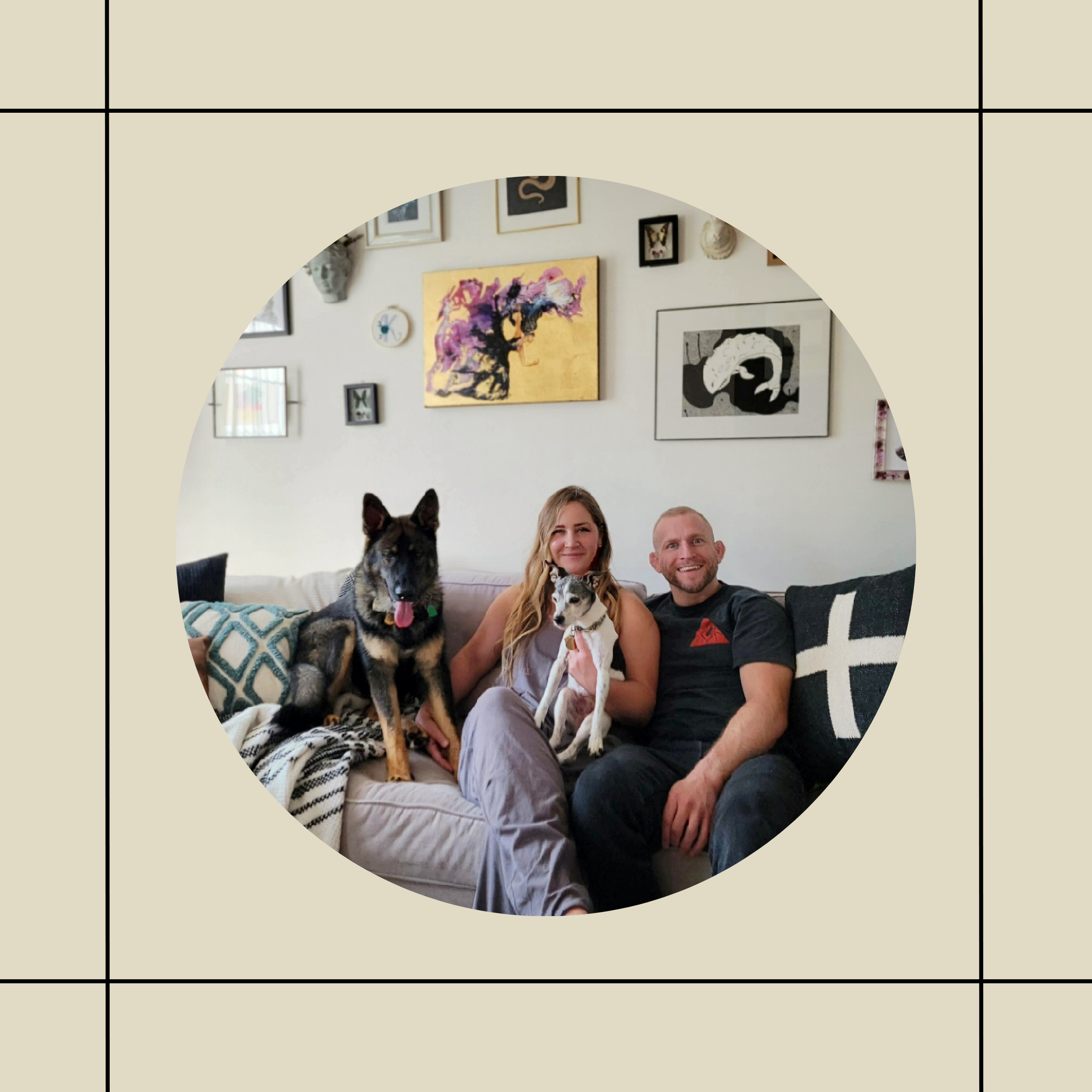 Becky with her husband and dogs