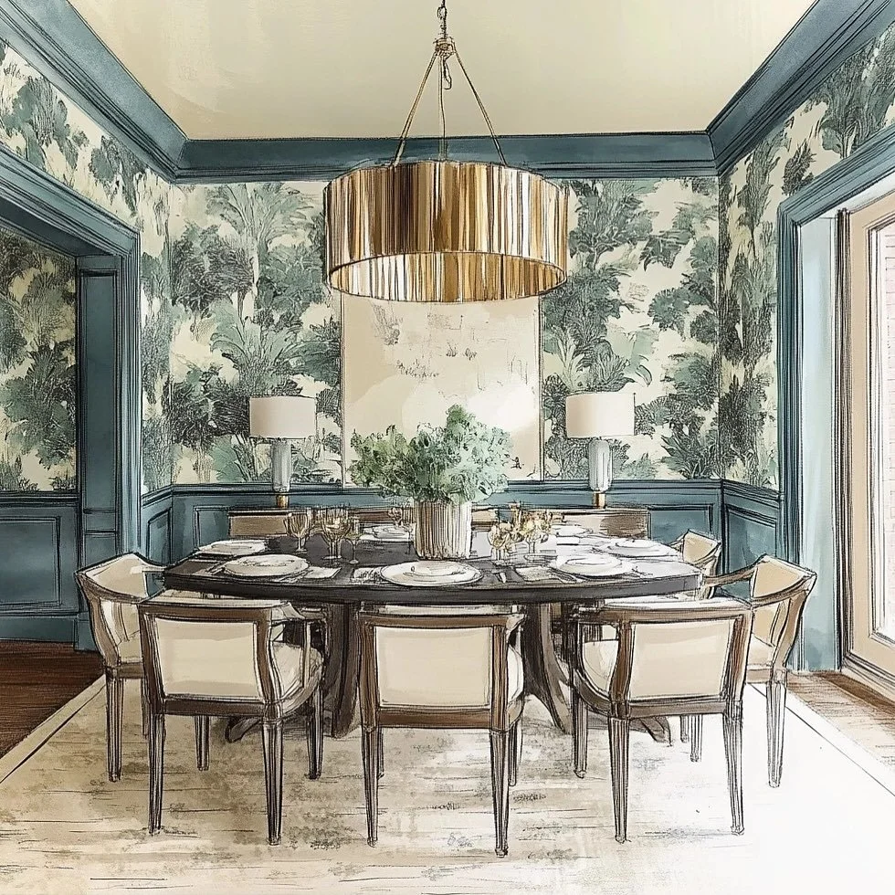 A fresh take on tradition: This grandmillennial-inspired dining room rendering blends timeless wallpaper with crisp painted trim for a look that feels both nostalgic and new. A perfect balance of charm and sophistication to make every gathering feel 