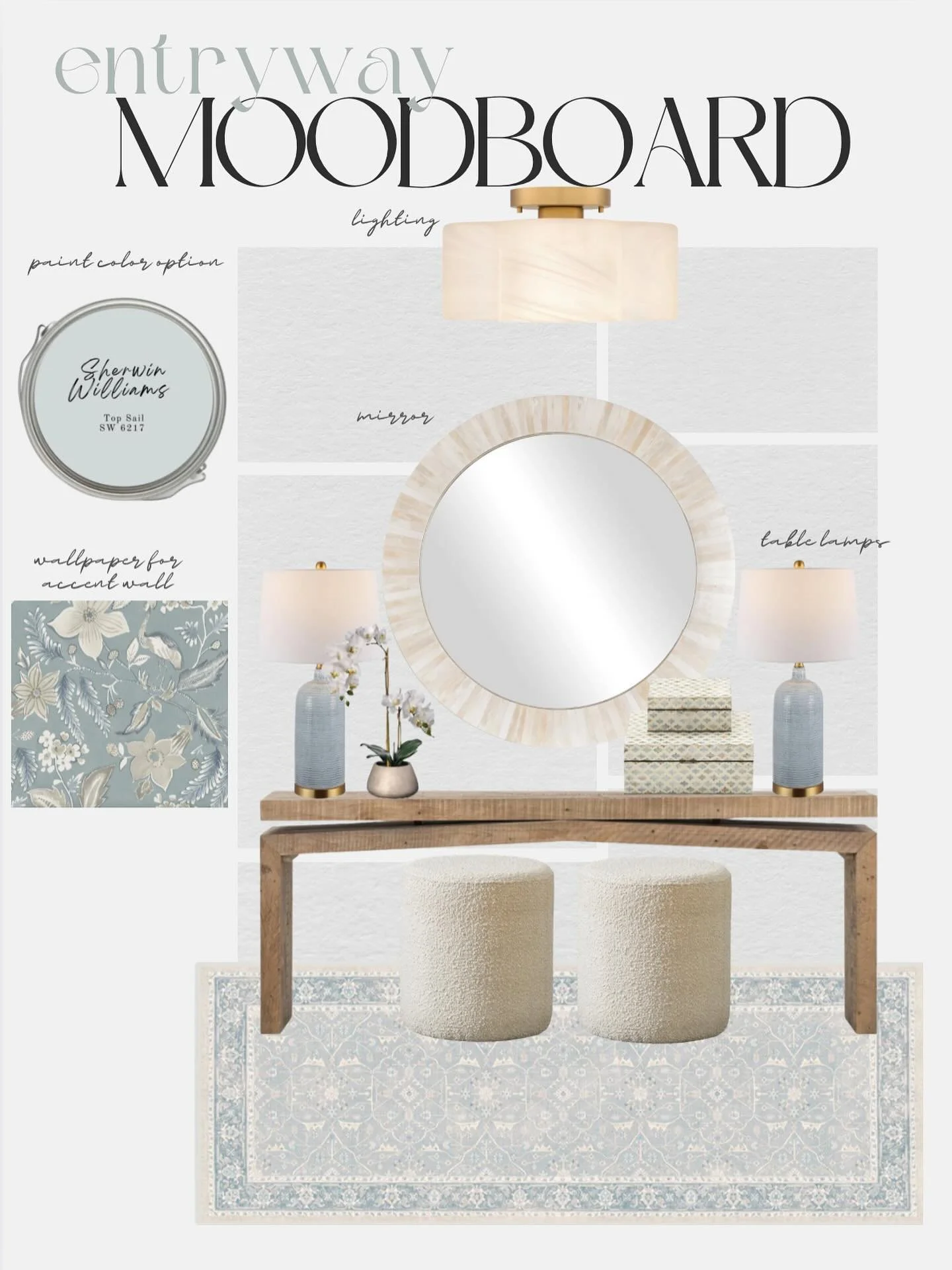 First impressions matter &mdash; and this entryway mood board sets the tone with soft whites, airy blues, and a statement bone inlay mirror that instantly catches the eye. A fresh, welcoming moment as soon as you step inside! 
.
.
.
.
.
#interiors #i