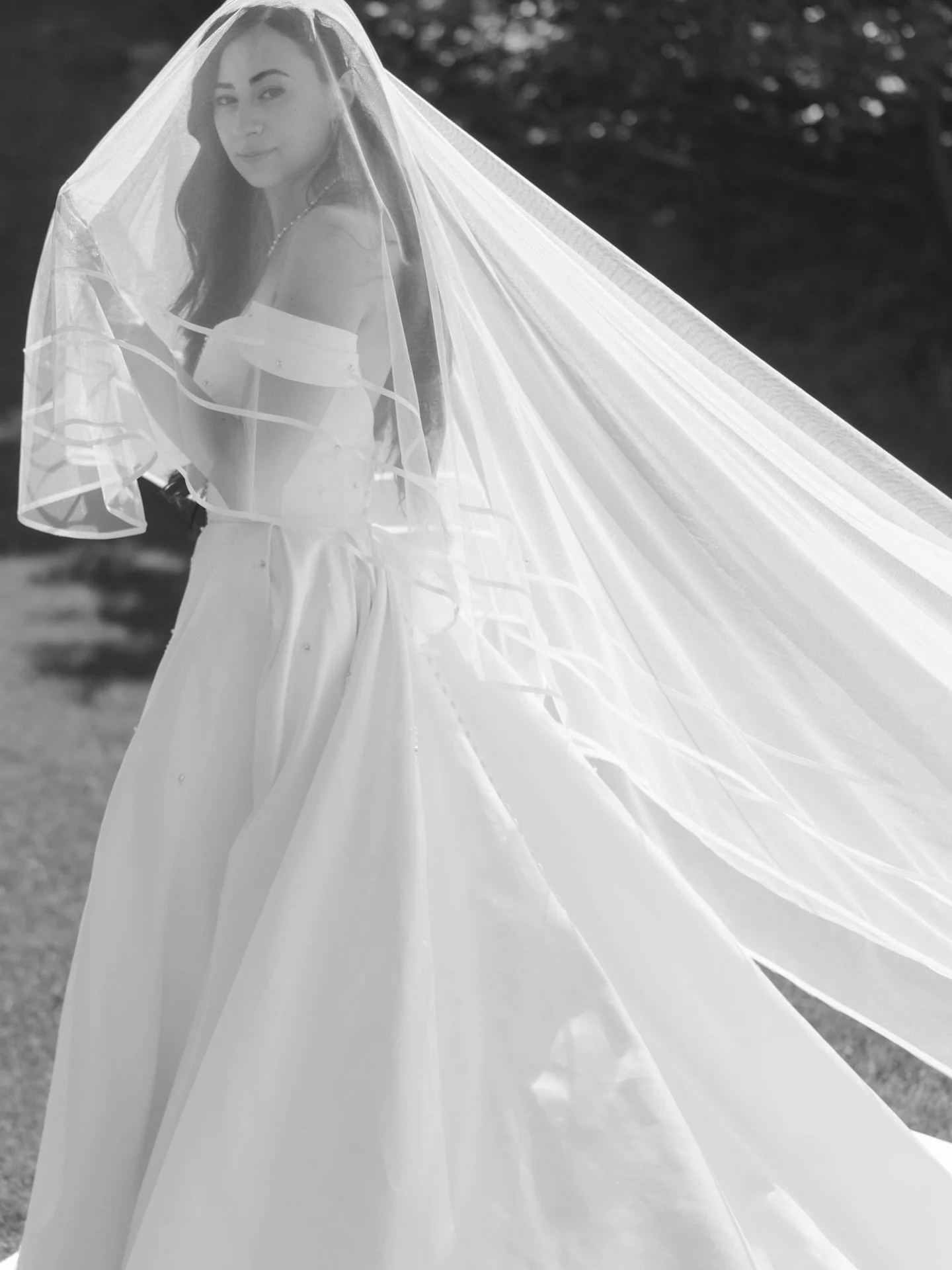 There is a moment&mdash;
when the veil falls into place&mdash;
and she no longer wears the dress, she becomes the bride.

We can&rsquo;t get enough of these photos of Maria in her bespoke gown and veil 

Bespoke bridal designer Toronto, bespoke veil,