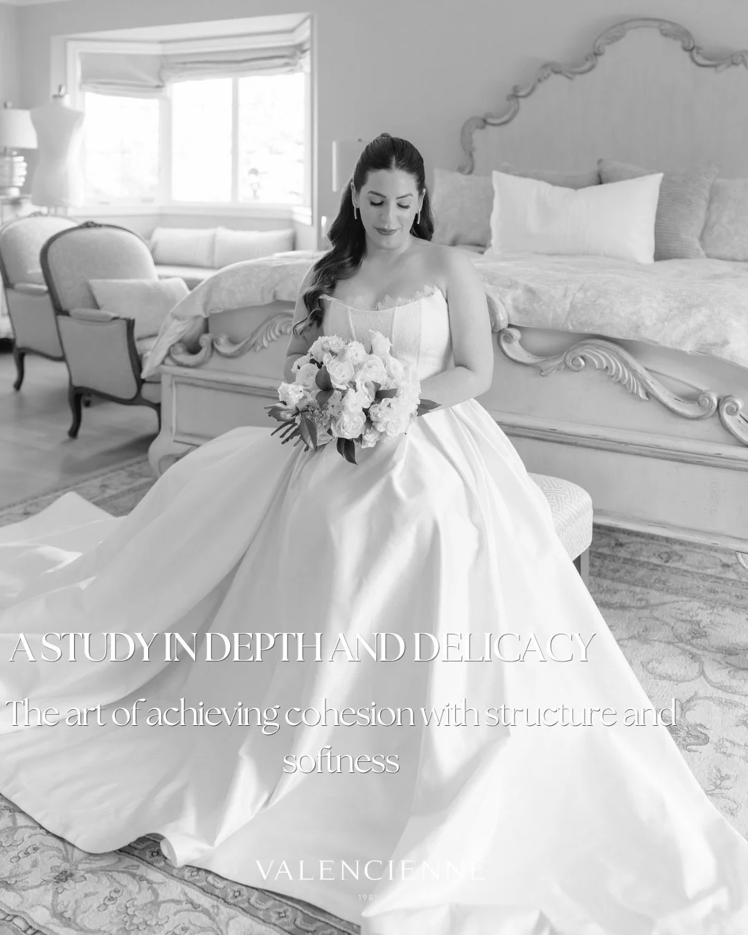 Most brides think softness comes from lighter fabrics.
It doesn&rsquo;t.

It comes from contrast.

Depth and delicacy are not opposites&mdash;they rely on each other.
A structured silk holds the form.
A Chantilly lace softens the surface.
Volume give