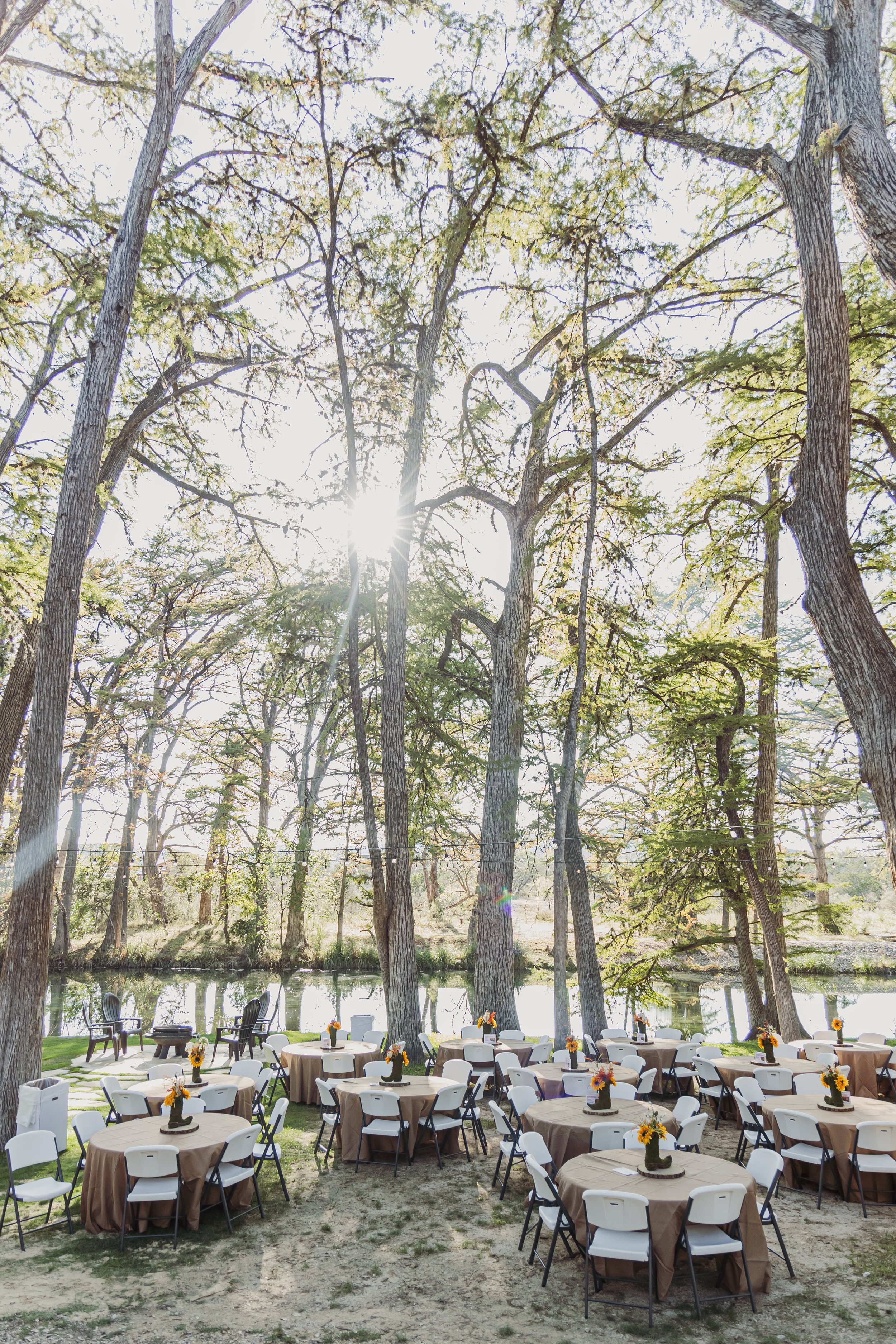 Outdoor event setup with round tables covered in brown tablecloths, each decorated with small sunflower centerpieces, surrounded by white and black chairs, set by a river in a forest with tall trees and sunlight filtering through.