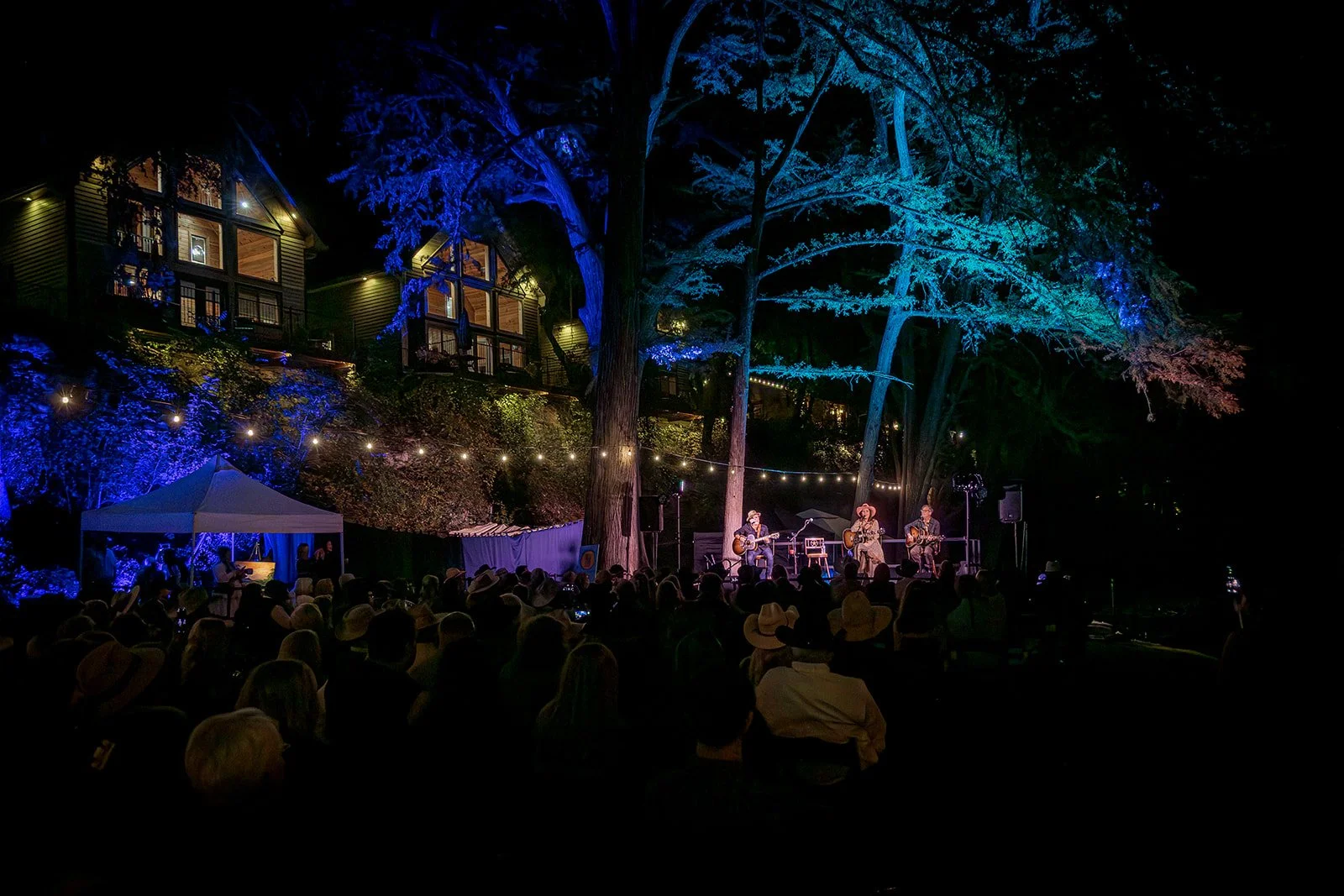 Outdoor night concert with three musicians playing guitars on a stage under tall trees decorated with blue lights, with an audience watching and some houses illuminated in the background.