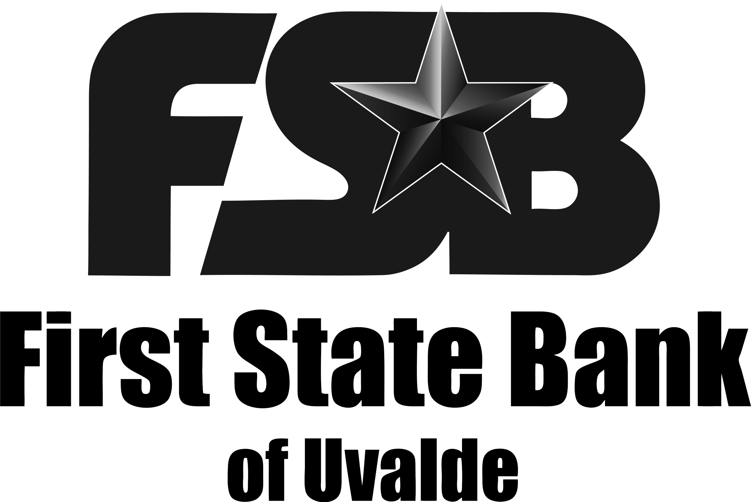 Logo for First State Bank of Uvalde featuring red and black text with a gold star.