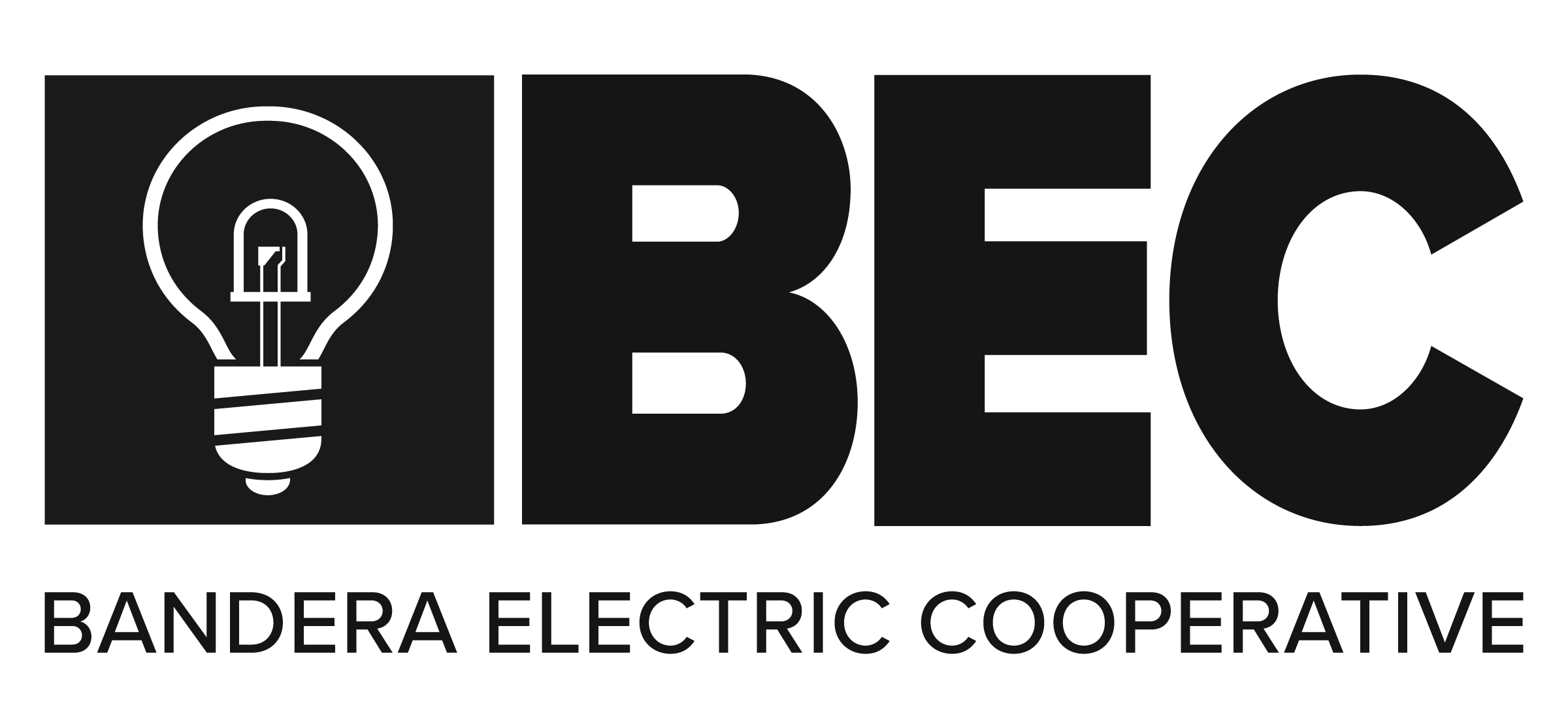 Logo of Banderas Electric Cooperative (BEC), featuring a red square with a white lightbulb outline and the words 'BEC' in large blue letters, with 'BANDERA ELECTRIC COOPERATIVE' written below.