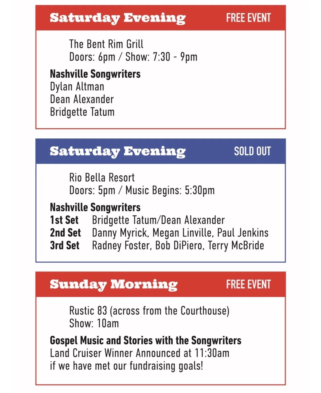 Schedule of events for a weekend, including free and sold out performances at different venues with details on performers and times.
