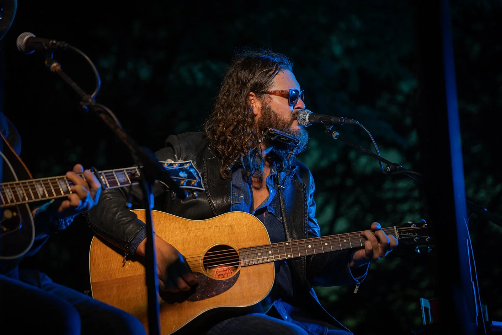 Male musician with long curly hair and beard wearing sunglasses, playing an acoustic guitar during a performance at night.