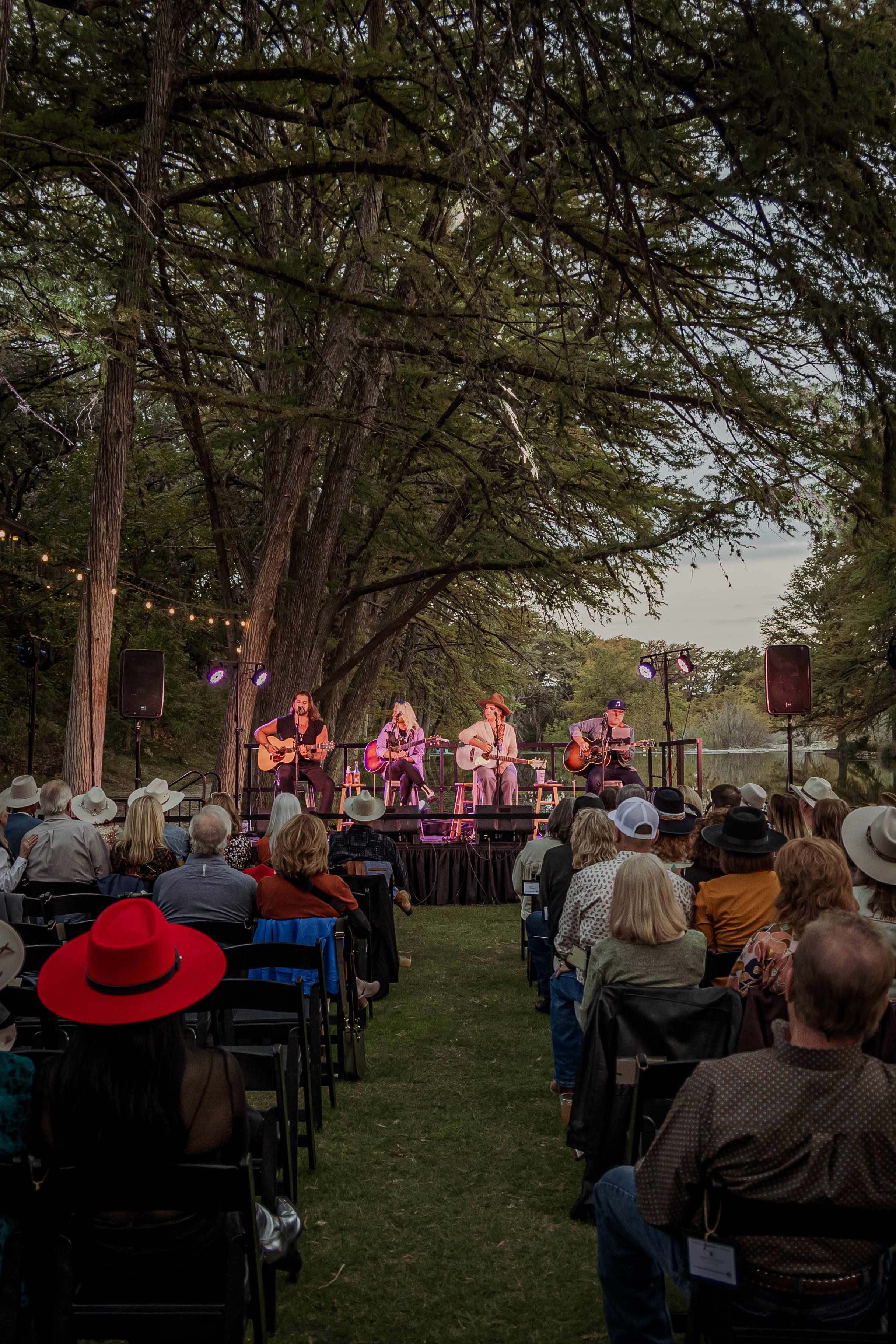 People watching an outdoor concert by a band playing on a stage under large trees at dusk.