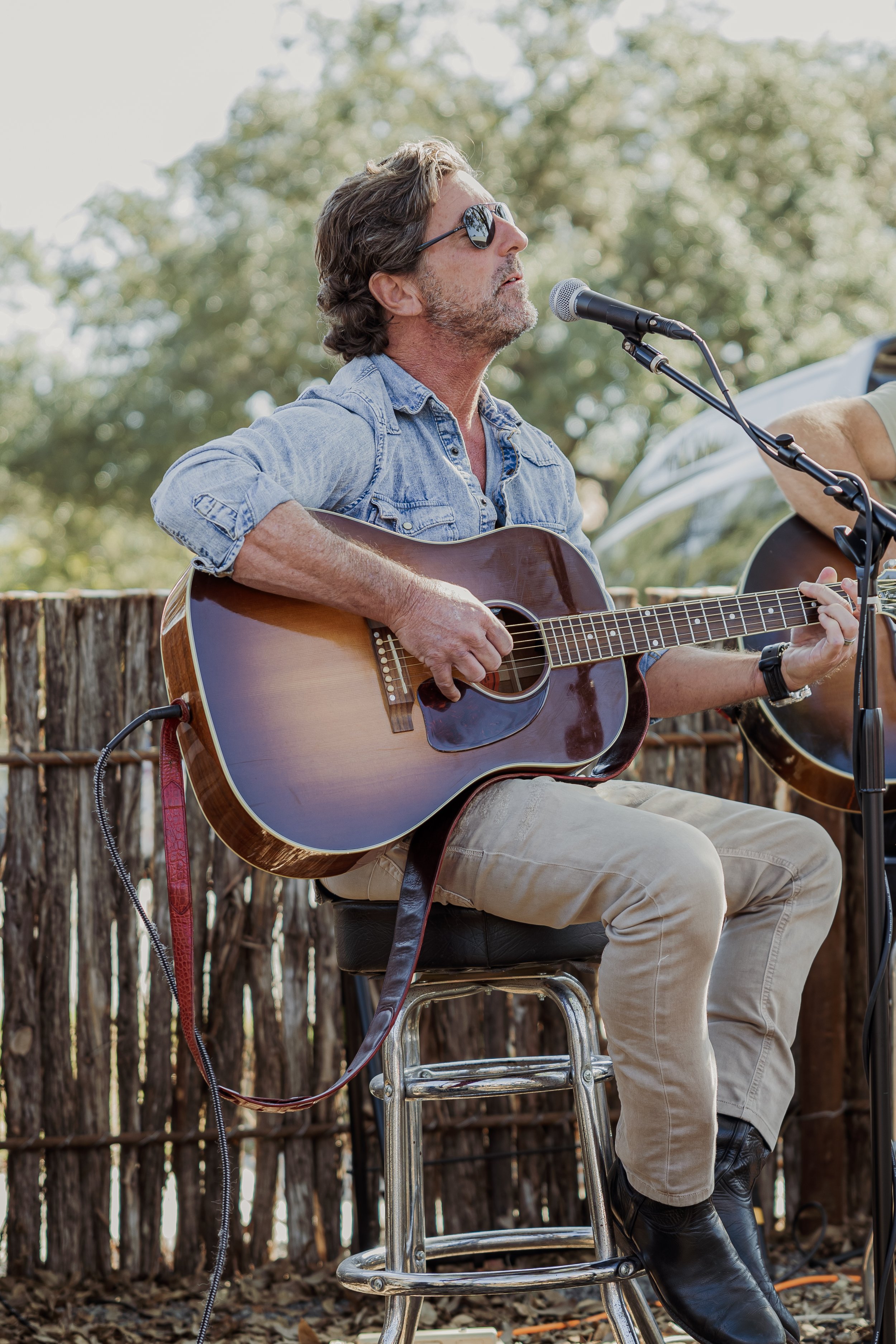 Man with sunglasses playing acoustic guitar during outdoor performance.