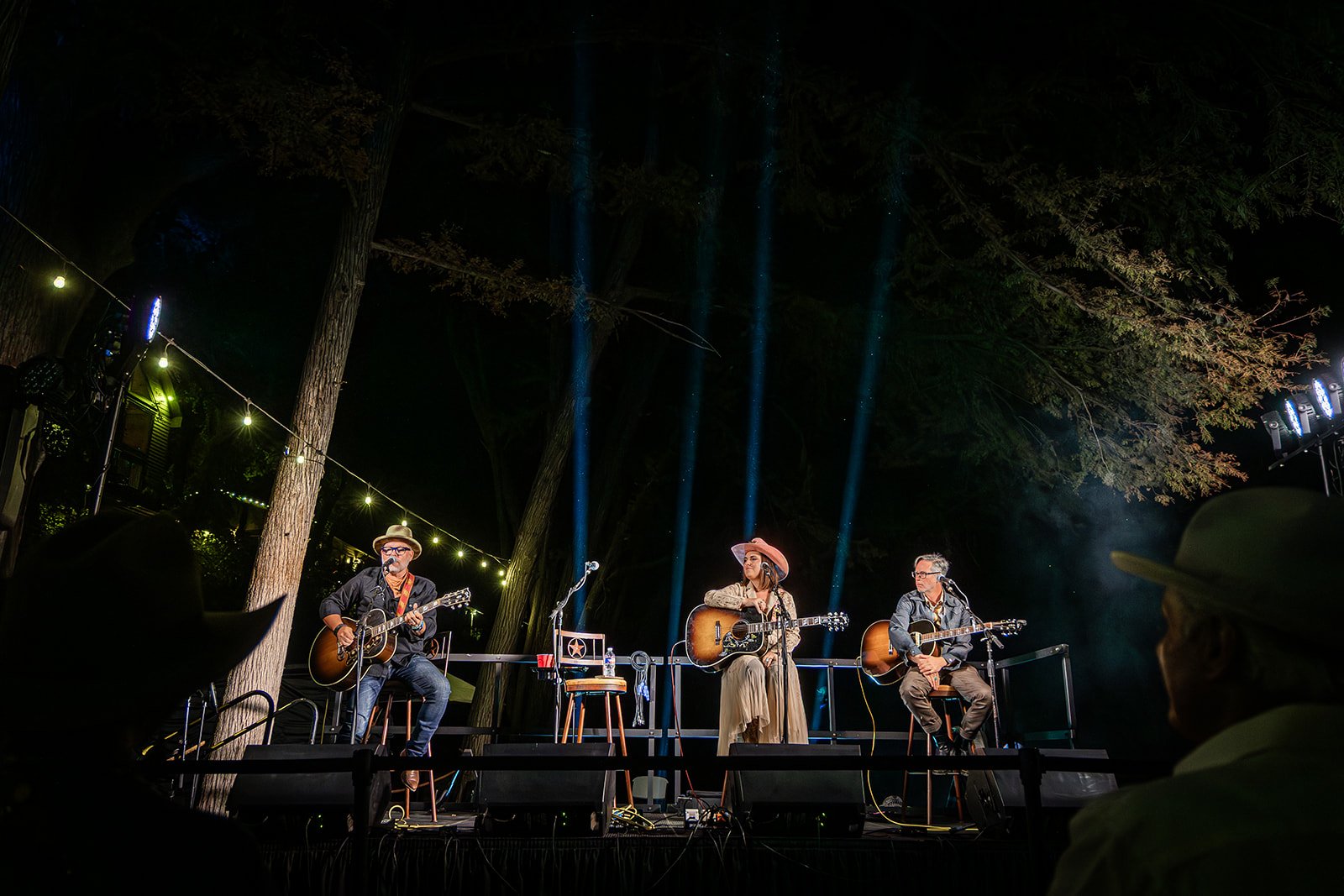 A band of three musicians performs outdoors at night on a stage surrounded by trees and string lights, with the audience visible in the foreground.