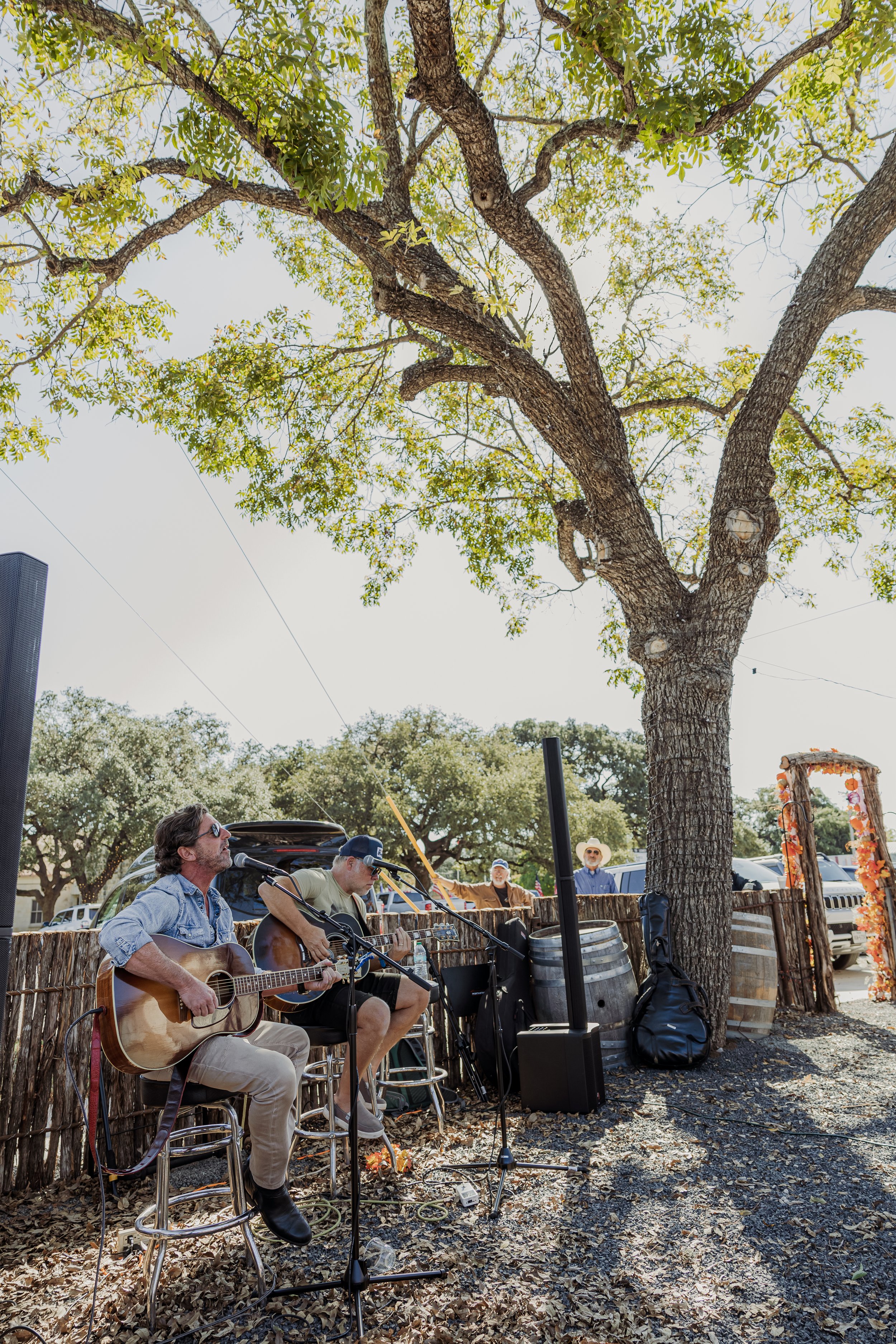 Two musicians playing acoustic guitars and singing outdoors beneath a large tree at a live music event, with several guests in the background, on a sunny day.