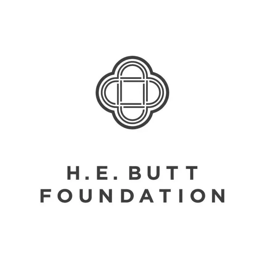 Logo for the H.E. Butt Foundation featuring a geometric flower design with intertwined lines, and the foundation's name written below.