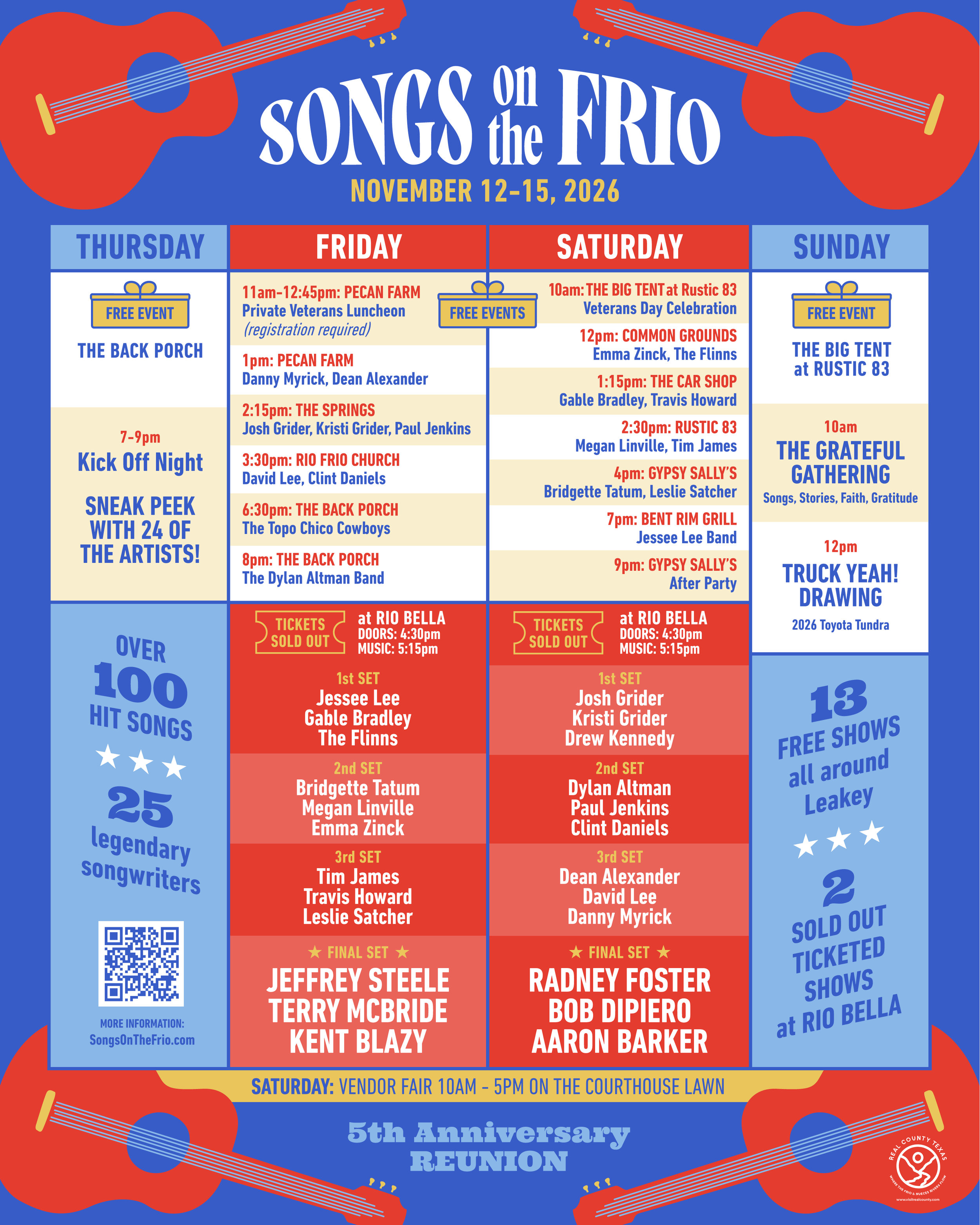 Event schedule poster for "Songs on the Frio" festival happening November 12 to 15, 2026. The poster features a blue background with red guitars and yellow accents. It lists daily activities, free events, ticketed performances, and specific times for various acts and gatherings, including a veteran's luncheon, music performances, a vendor fair, and anniversary reunion. It also mentions that tickets for some events are sold out and provides a website for more information.