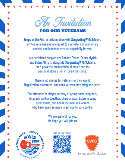 Invitation flyer for veterans titled "Songs on the Frio" with a patriotic red, white, and blue theme featuring stars, musical notes, and a logo of a guitar with a wave.