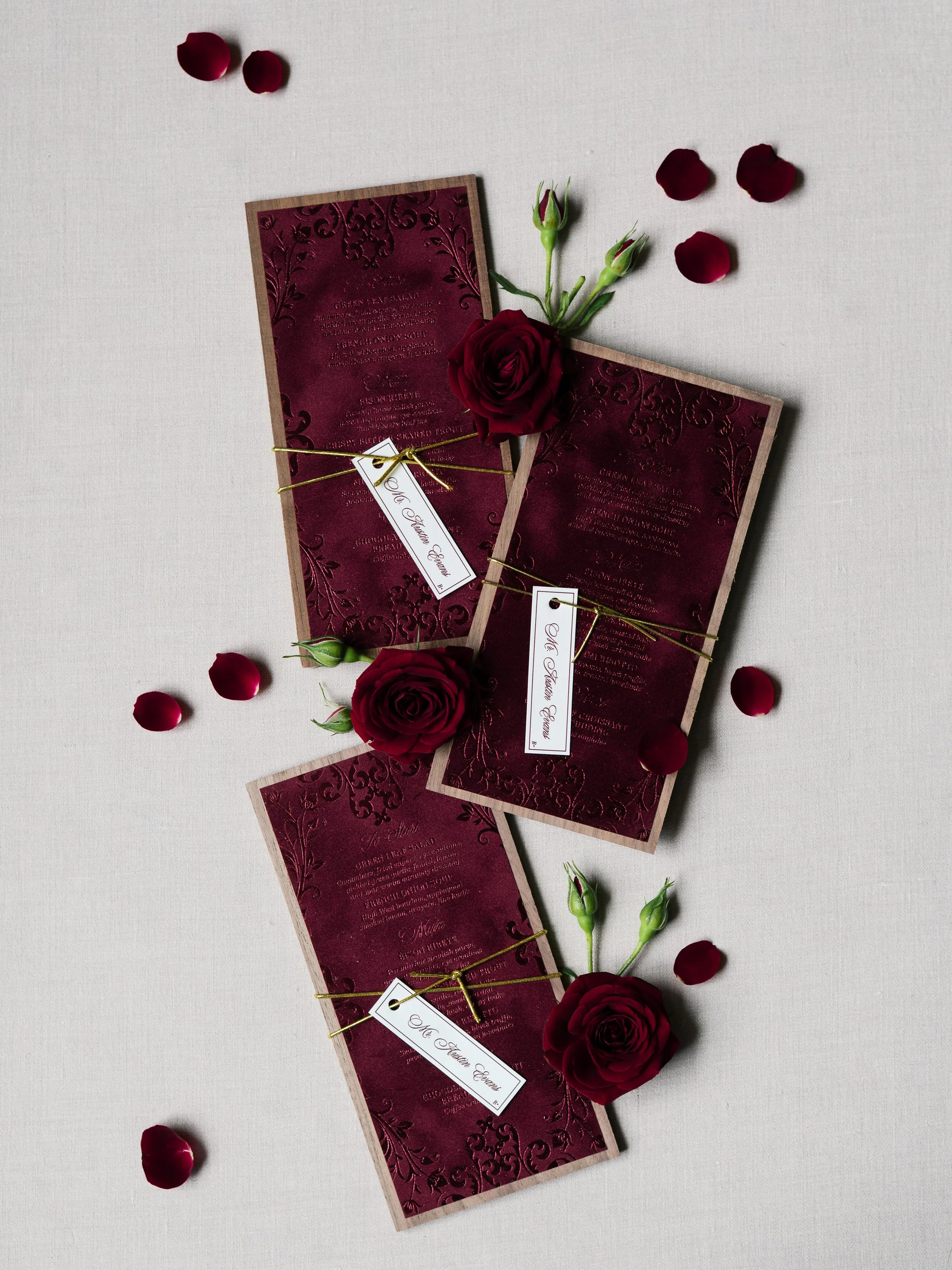 Velvet Menus with Burgundy Foil Stamp on Real Wood Back, Gold Cord with Guest Place Card