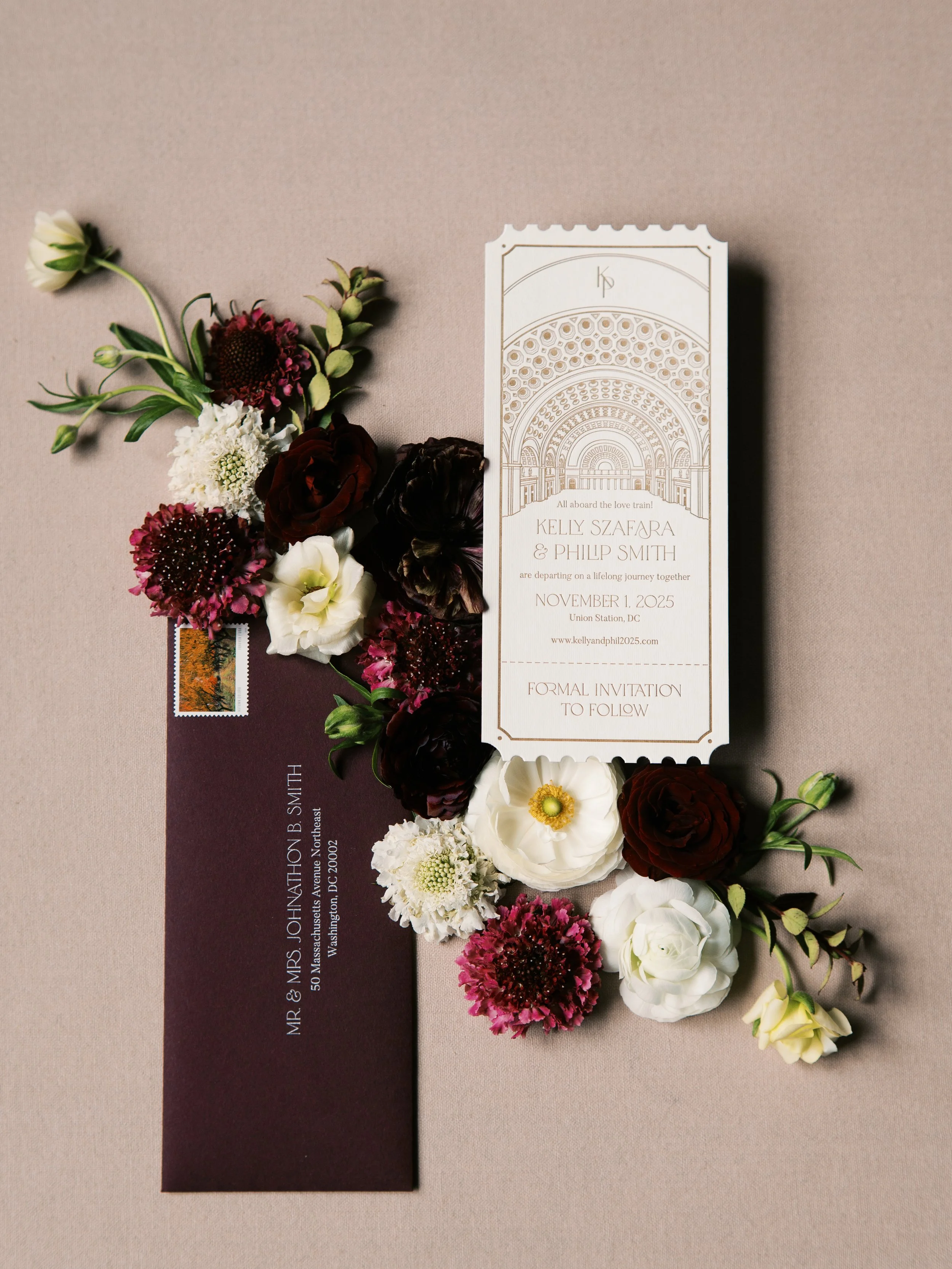Ticket Train Station Themed Wedding Save the Date at Union Station, D.C. in Burgundy and Gold