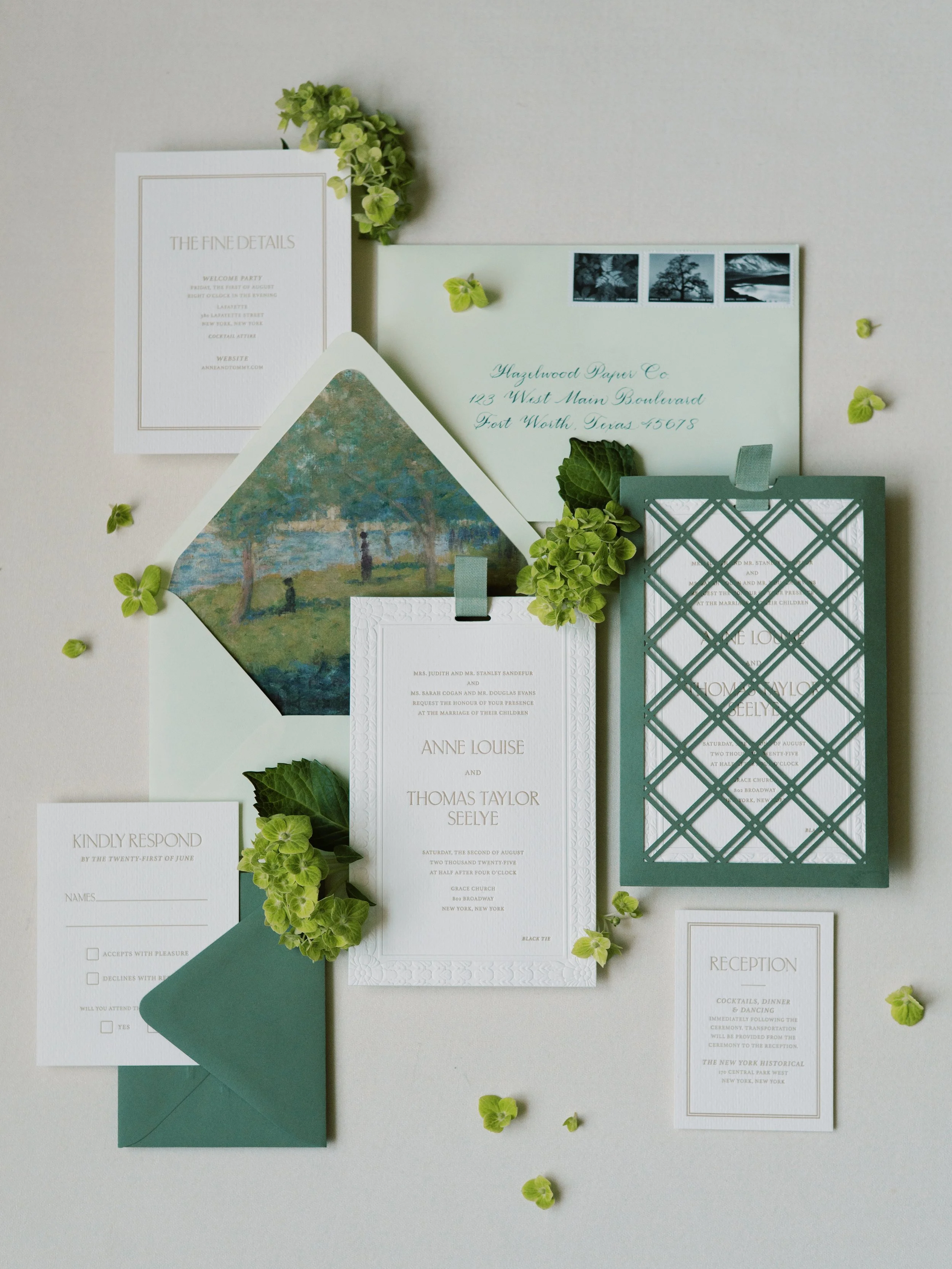 Invitation with Laser Cut Pocket and Blind Sculpted Emboss Border with Gold Letterpress and Envelope Liner at The New York Historical Museum