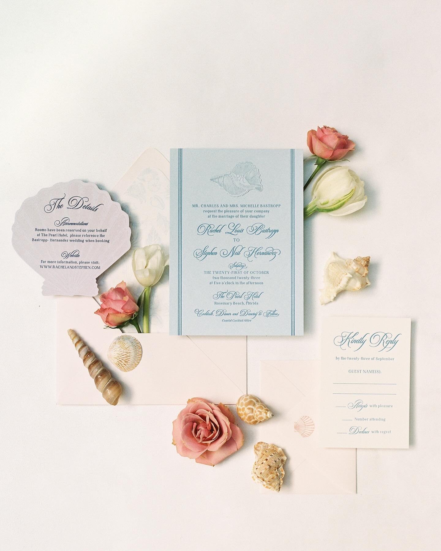 Rachel and Stephen&rsquo;s invitation suite was a seaside escape. The invitation suite featured an embossed conch shell with their initial and blue letterpress print. The details insert featured the shape of a shell in a lovely shade of lavender. The
