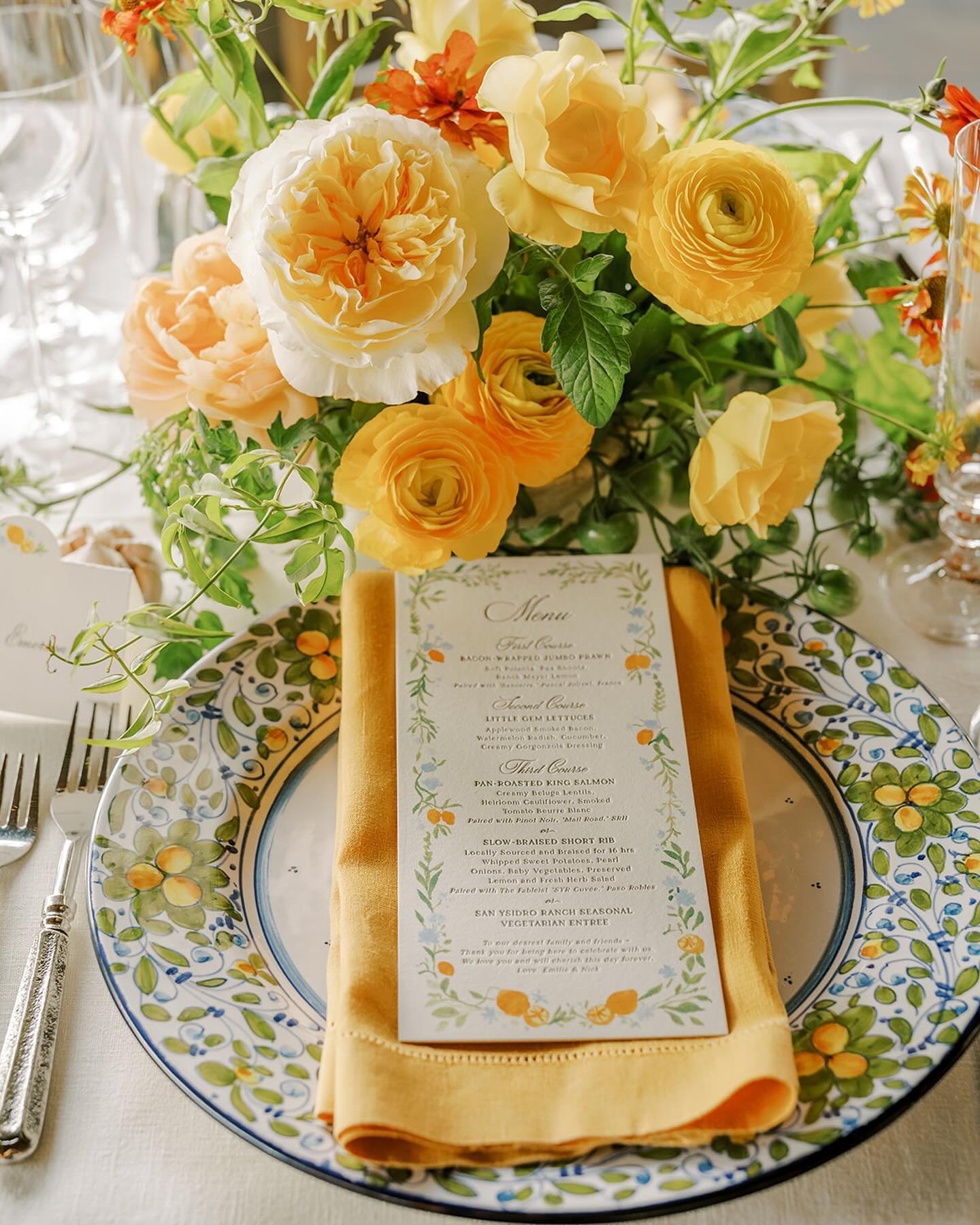 Leaning into the citrus trees that grace the beautiful San Ysidro Ranch in Santa Barbara, California, these letterpresses menus, table numbers and place cards are perfectly paired with the location for this gorgeous wedding reception.
.
Wedding Plann