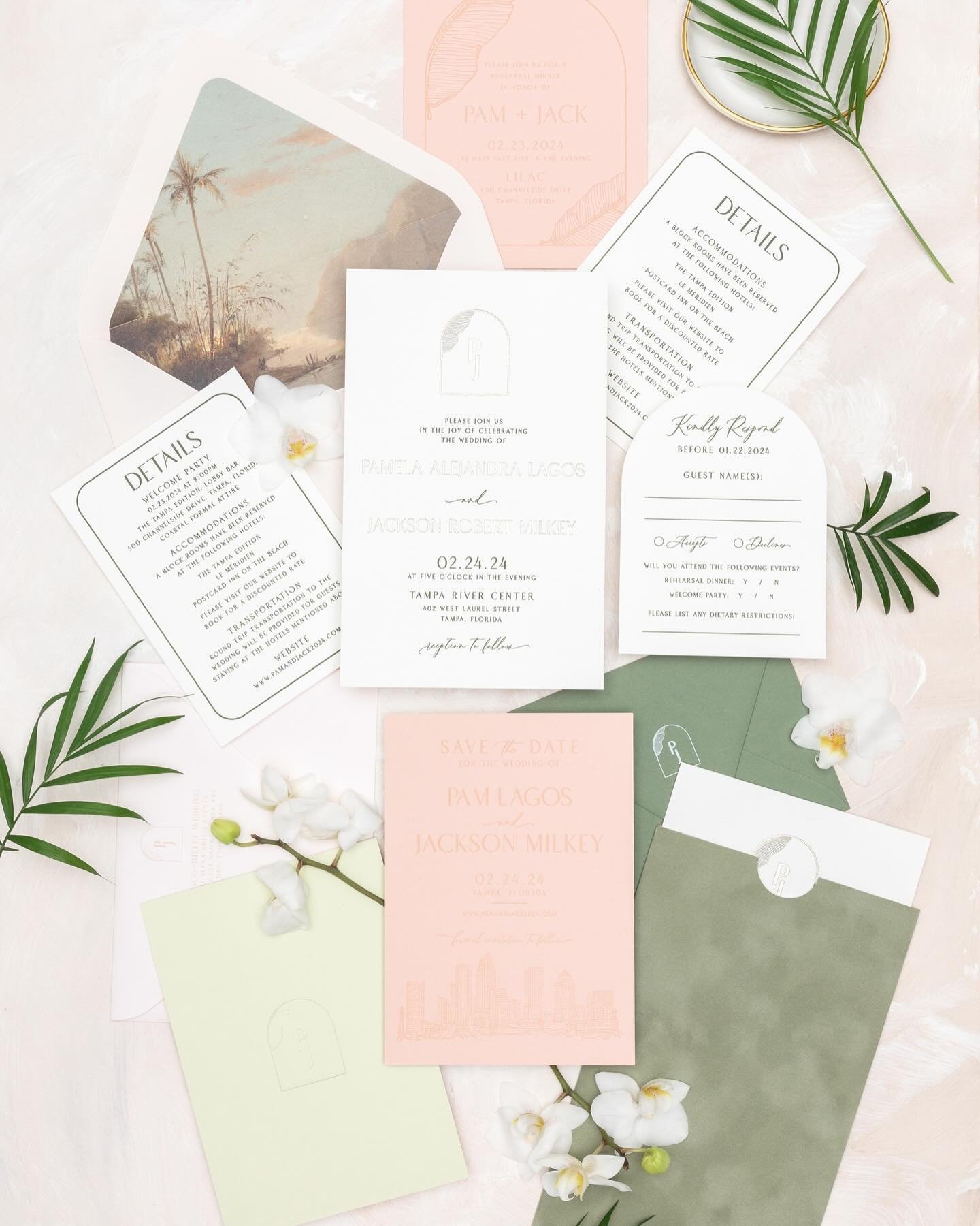 An invitation suite for a chic beachside affair. The invitation background was a blind embossed pattern, the text gold foil stamped. The reply card was arched shaped to mimic the couple&rsquo;s monogram. The suite was enclosed in a velvet sleeve, and