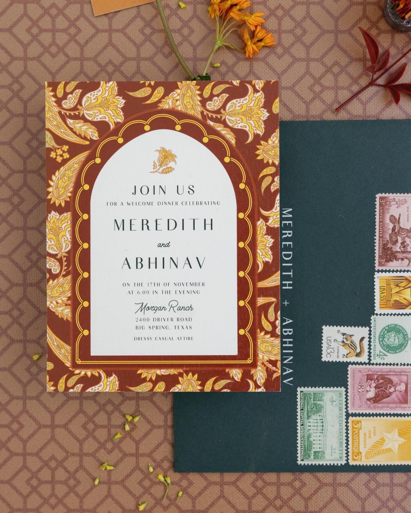 The wedding of Meredith and Abhinav combined two different cultures seamlessly. Elements of the Texan tradition and aesthetic were intertwined with Indian patterns and vibrant colors. The invitation suite was printed on linear textured paper and wrap
