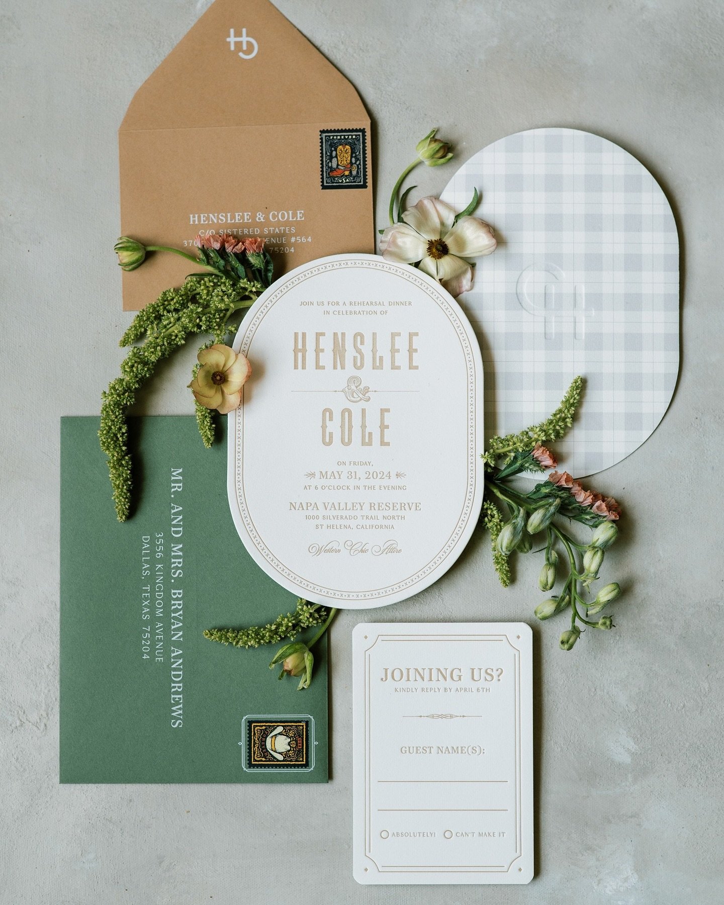 Henslee and Cole&rsquo;s rehearsal dinner was a combination of preppy and western invitation. The invitation was oval shaped with plaid, their monogram blind letterpresses on side one, and the invitation on the other side. The suite was complete with