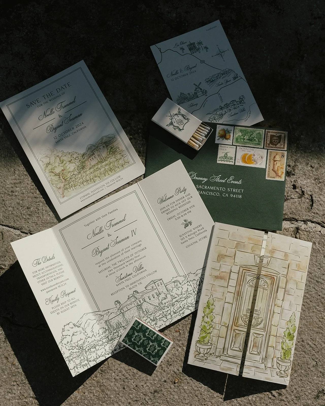 Noelle and Bryant&rsquo;s wedding suite was inspired by the rolling vineyards and refined charm of Santa Ynez. A custom sketch of the venue framed the Save the Date and invitation, while the folded interior revealed a hand-illustrated doorway reminis