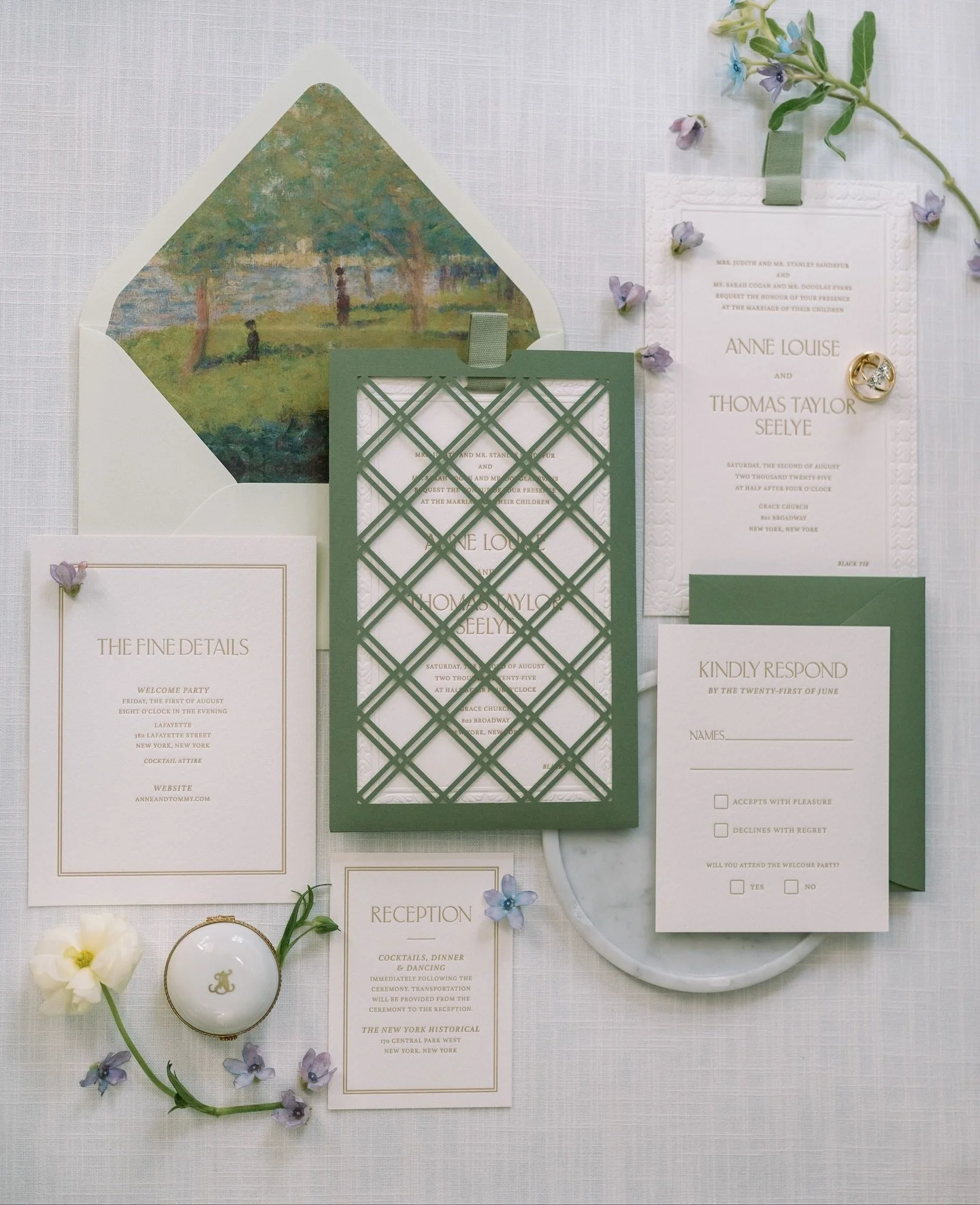 Architecture turned artistry for Anne &amp; Tommy&rsquo;s New York Historical wedding. We enclosed the invitation in a laser-cut pocket inspired by the cabinetry, with a linen pull tab to reveal the suite inside. A serene painting of a park scene lin