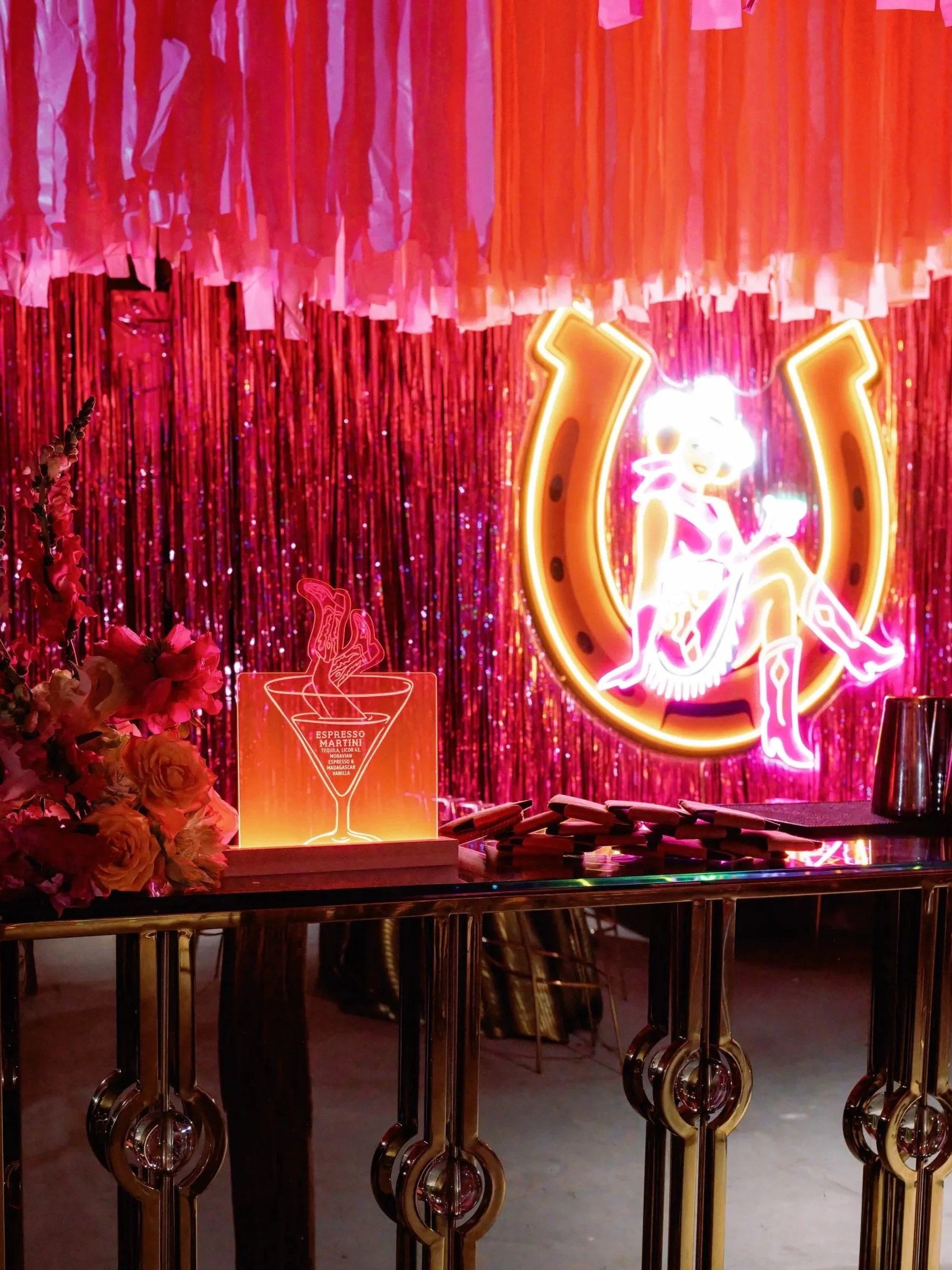 Neon Pink Lit Edge After Party Wedding Espresso Bar Sign for Disco Country Themed After Party