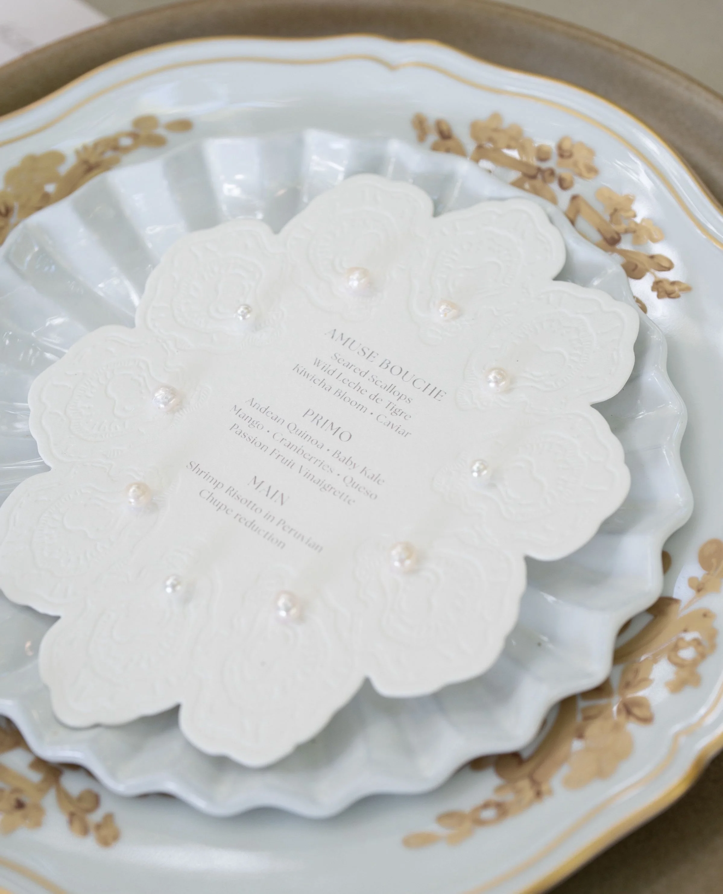 Coastal elegance, reimagined. Blind letterpress oyster menus adorned with hand-placed 3D pearls&mdash;each one a subtle nod to the California shore and the art of understated luxury.⁠
.⁠
Planning &amp; Design | @amandamarieandco ⁠
Venue: Montecito Or