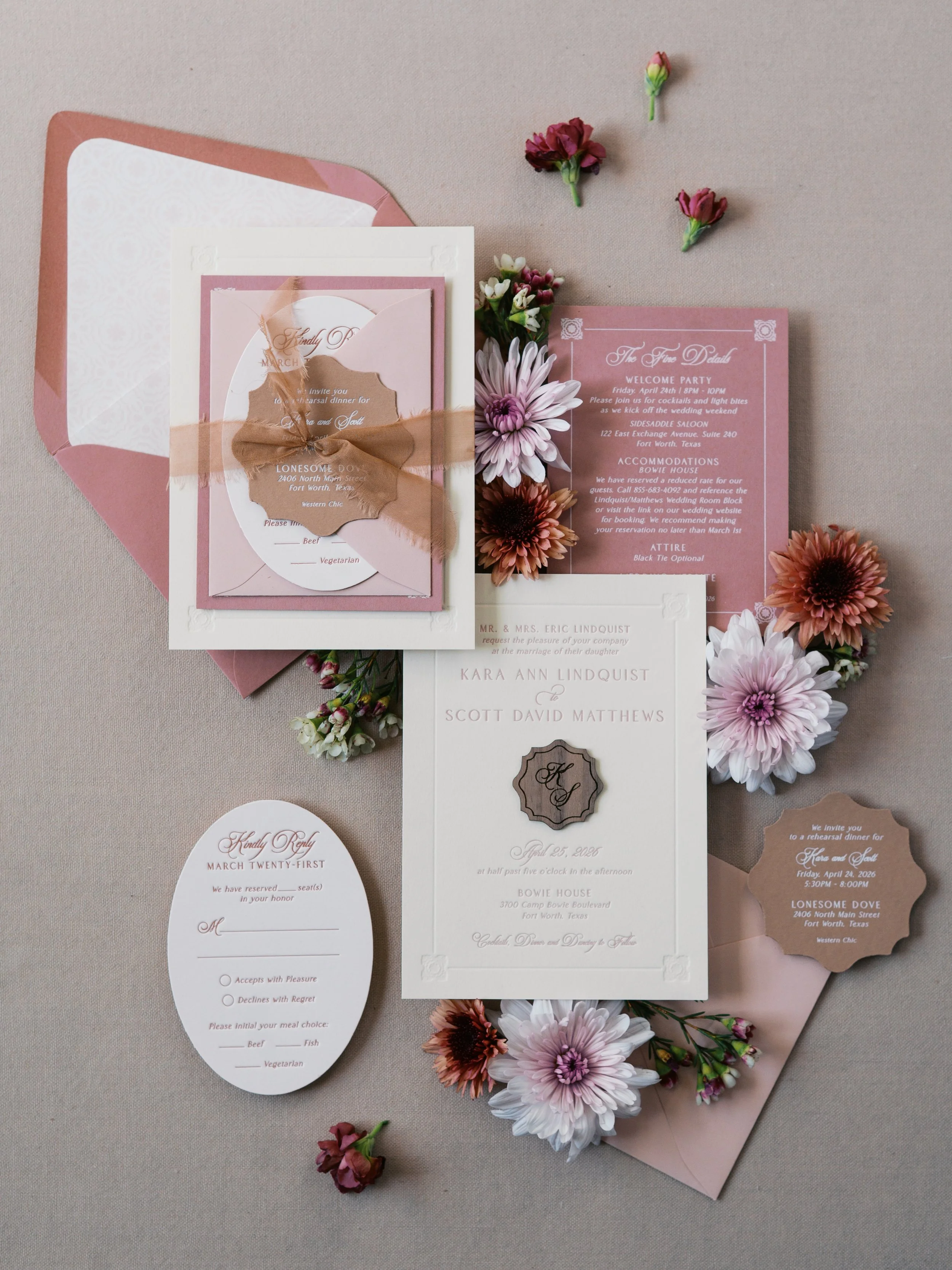 Blush and Pale Pink Blind Letterpress Wedding Invitation with Wood Monogram for Fort Worth Bowie House Wedding