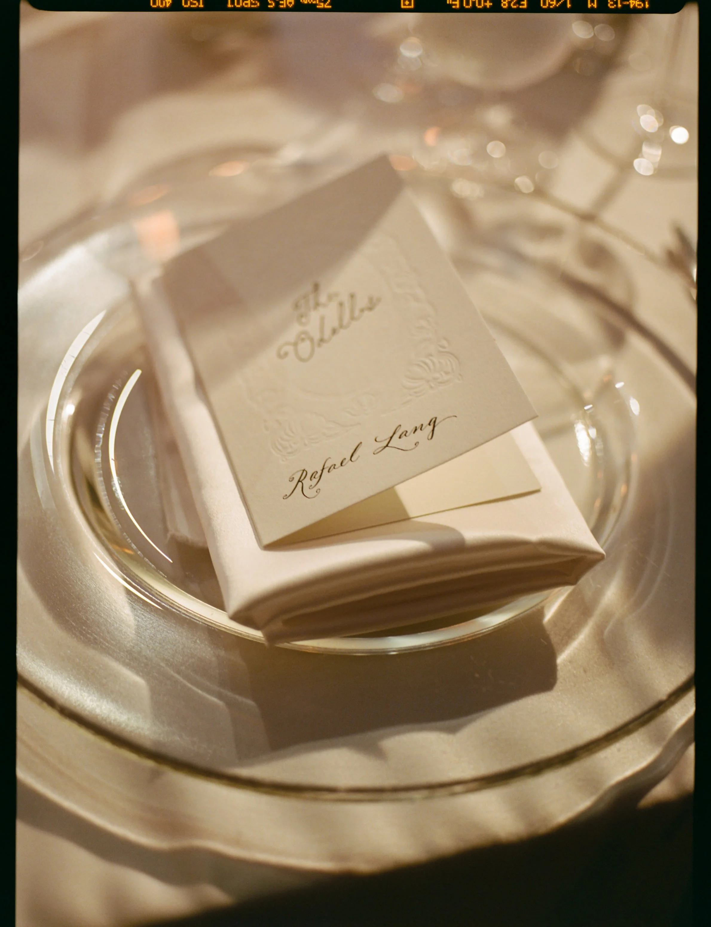 Folding Menu with Blind Letterpress Frame, Calligraphed Guest Names for Rosewood Mansion at Turtle Creek in Dallas Wedding