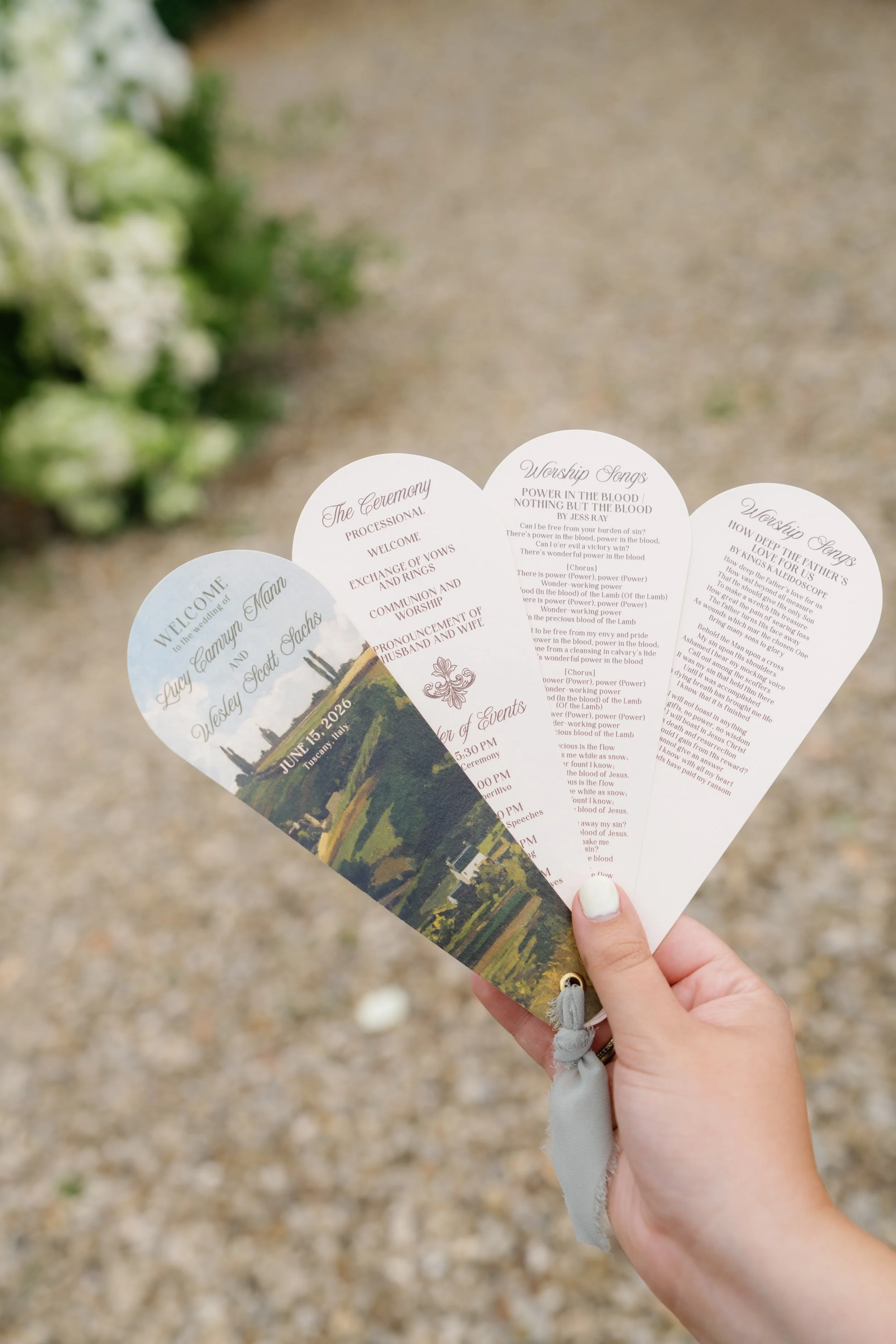 Fan Style Wedding Program with Painting of Tuscany, Italy Countryside for Italian Destination Wedding and Tied with Sage Linen Ribbon