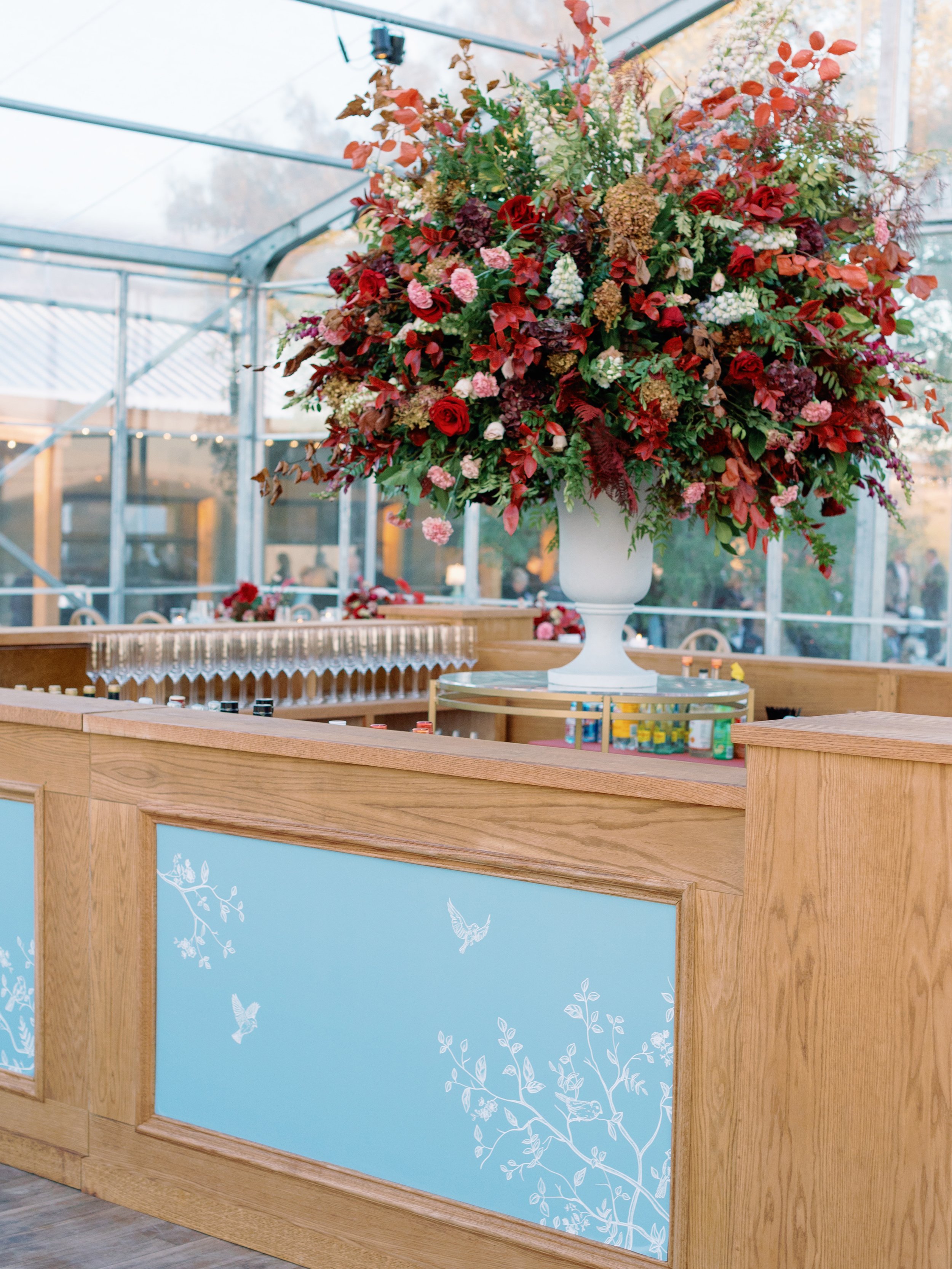 Private Estate Ranch Wedding Custom Bar Inserts in Blue and White with Birds and Flowers