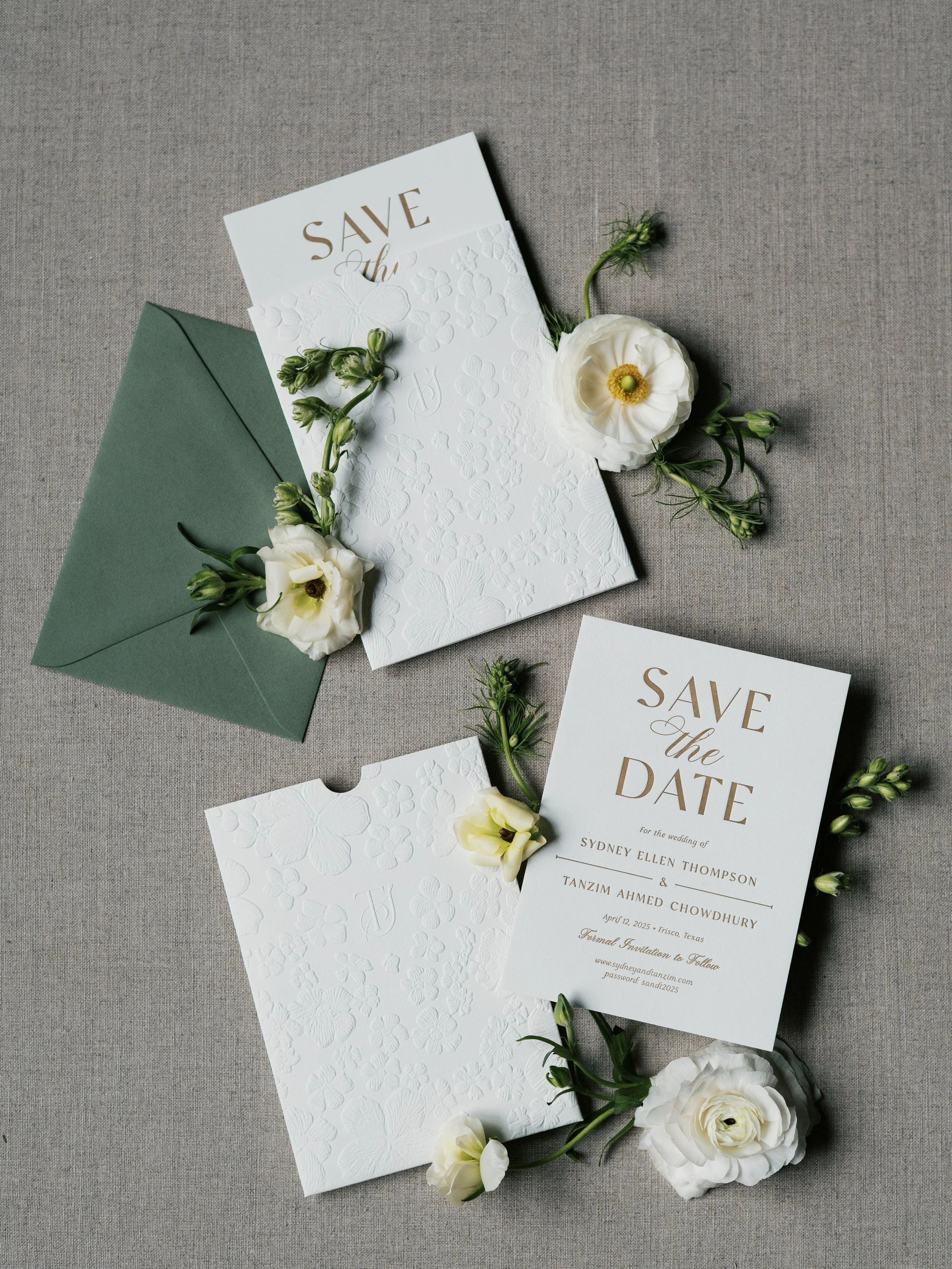 Sculpted Blind Emboss Floral Pocket for Green and Gold Wedding Save the Date