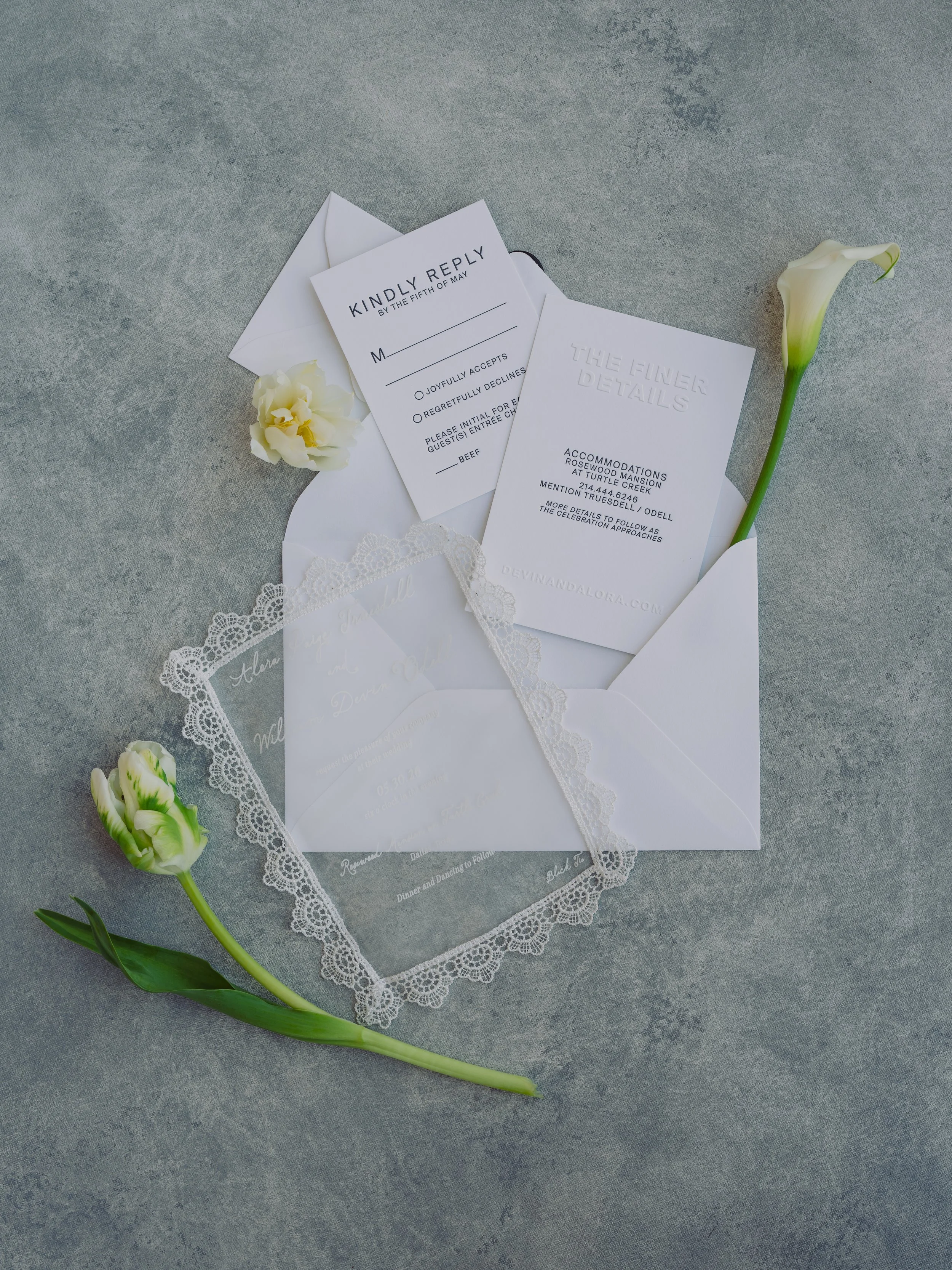 Fabric Lace Wedding Invitation with Blind Debossed and Black Letterpress Printed Details for Rosewood Mansion at Turtle Creek in Dallas Event