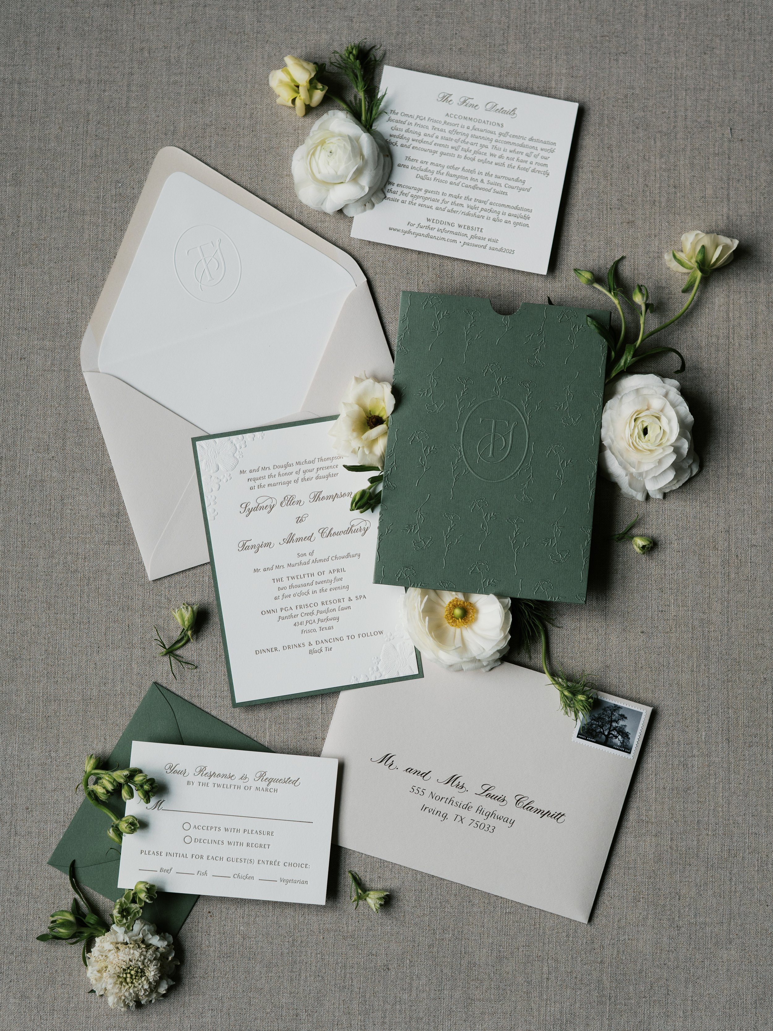 Sculpted Blind Emboss Floral Wedding Invitation Suite Pocket in Green and Gold